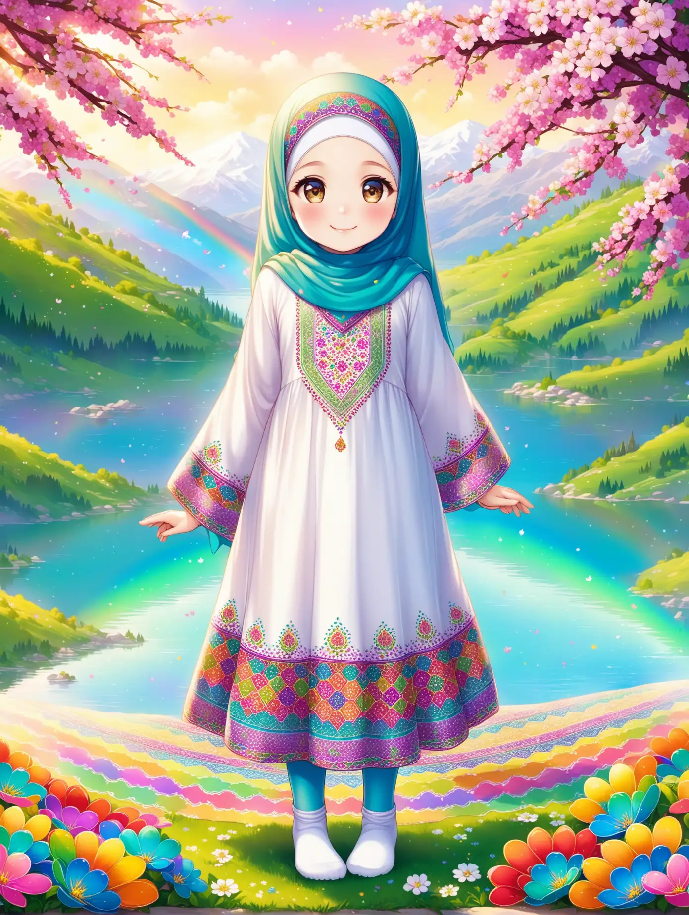 Persian little girl(full height, Muslim, with emphasis no hair nor neck out of veil(Hijab), white skin, cute, smiling, wearing socks, clothes full of Persian designs).
Atmosphere full of many rainbow flowers, lake, spring.