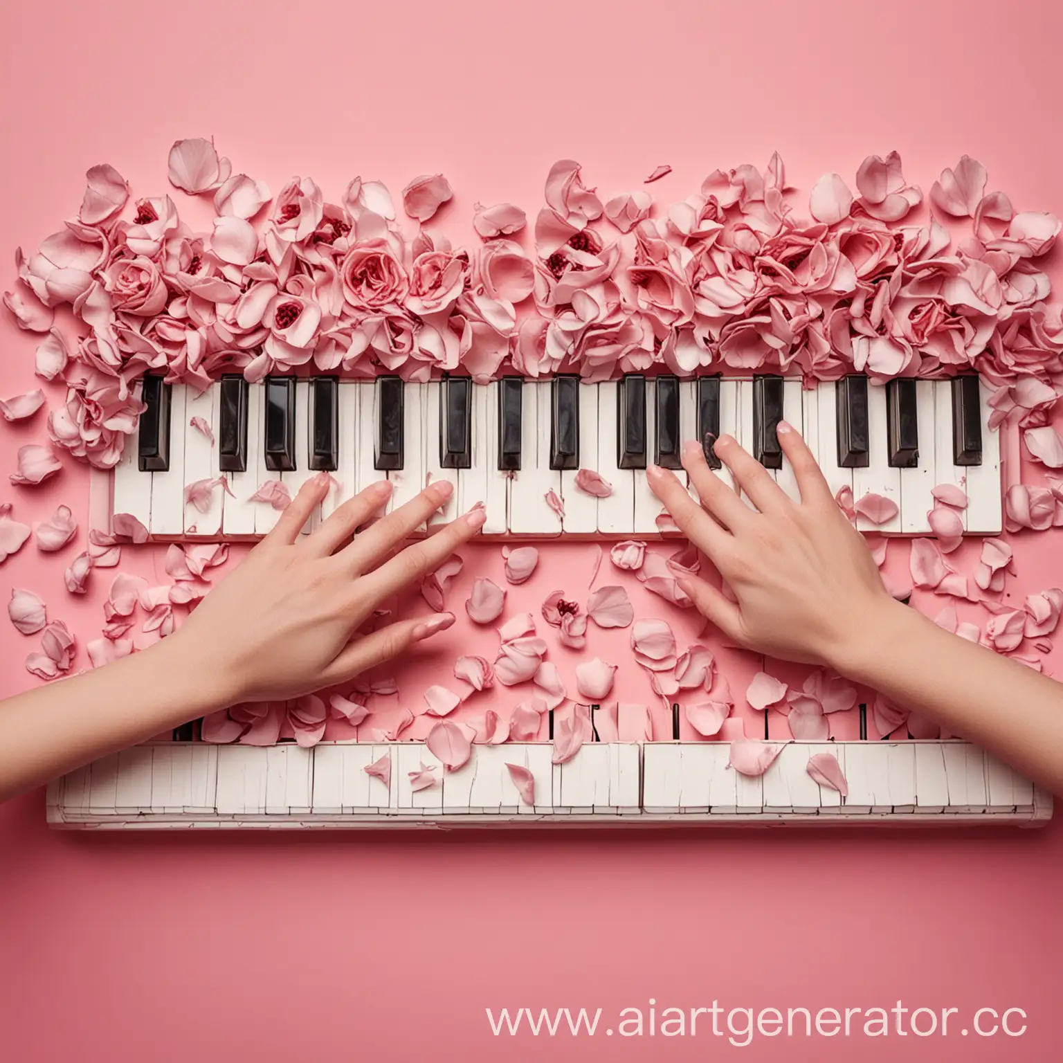 клафиши фортепиано с руками на них на розовом фоне с лепестками