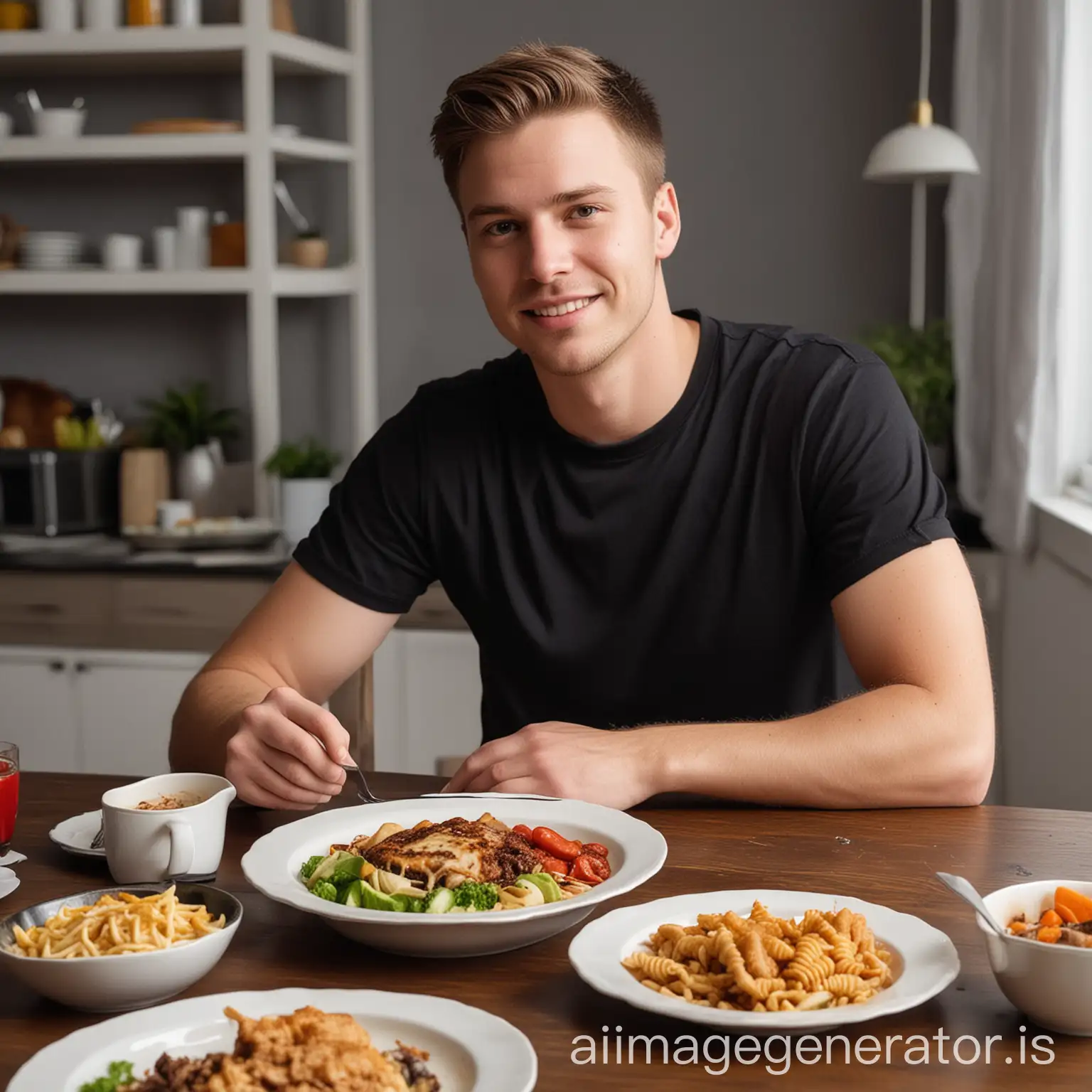 26 years old white american guy wearing black tshirt having dinner with American food at home