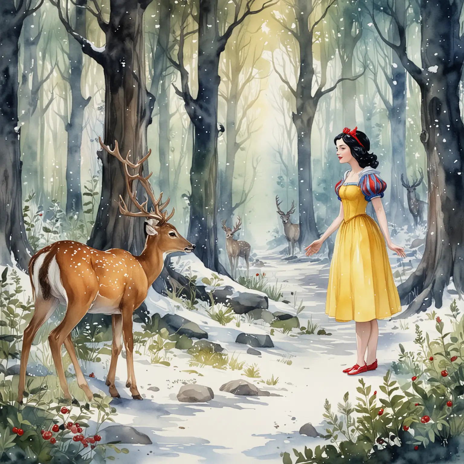 Snow White Greeting Deer in Enchanting Fairytale Forest Watercolor Illustration
