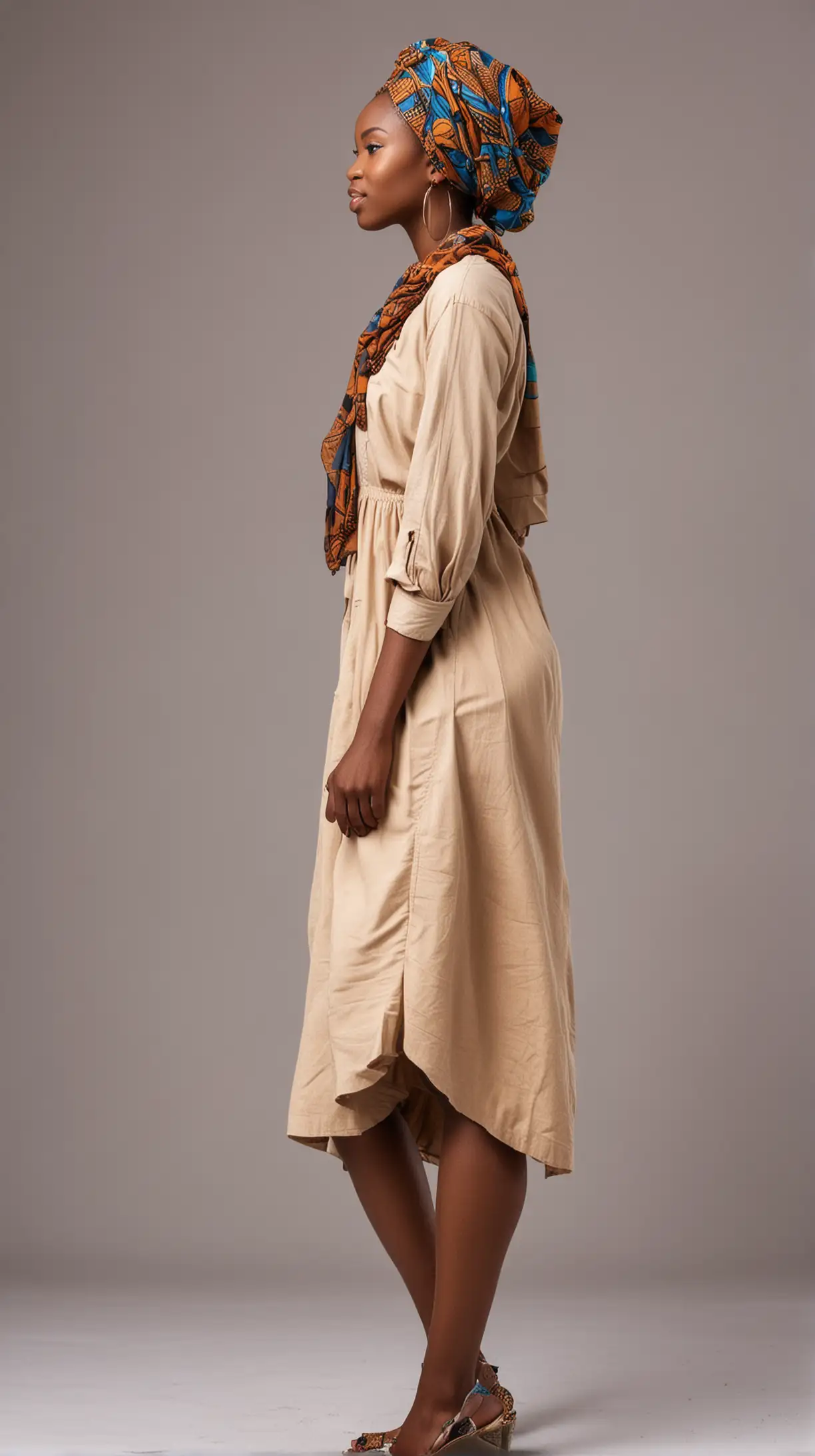 African woman in modest clothes and shoes standing side profile. 