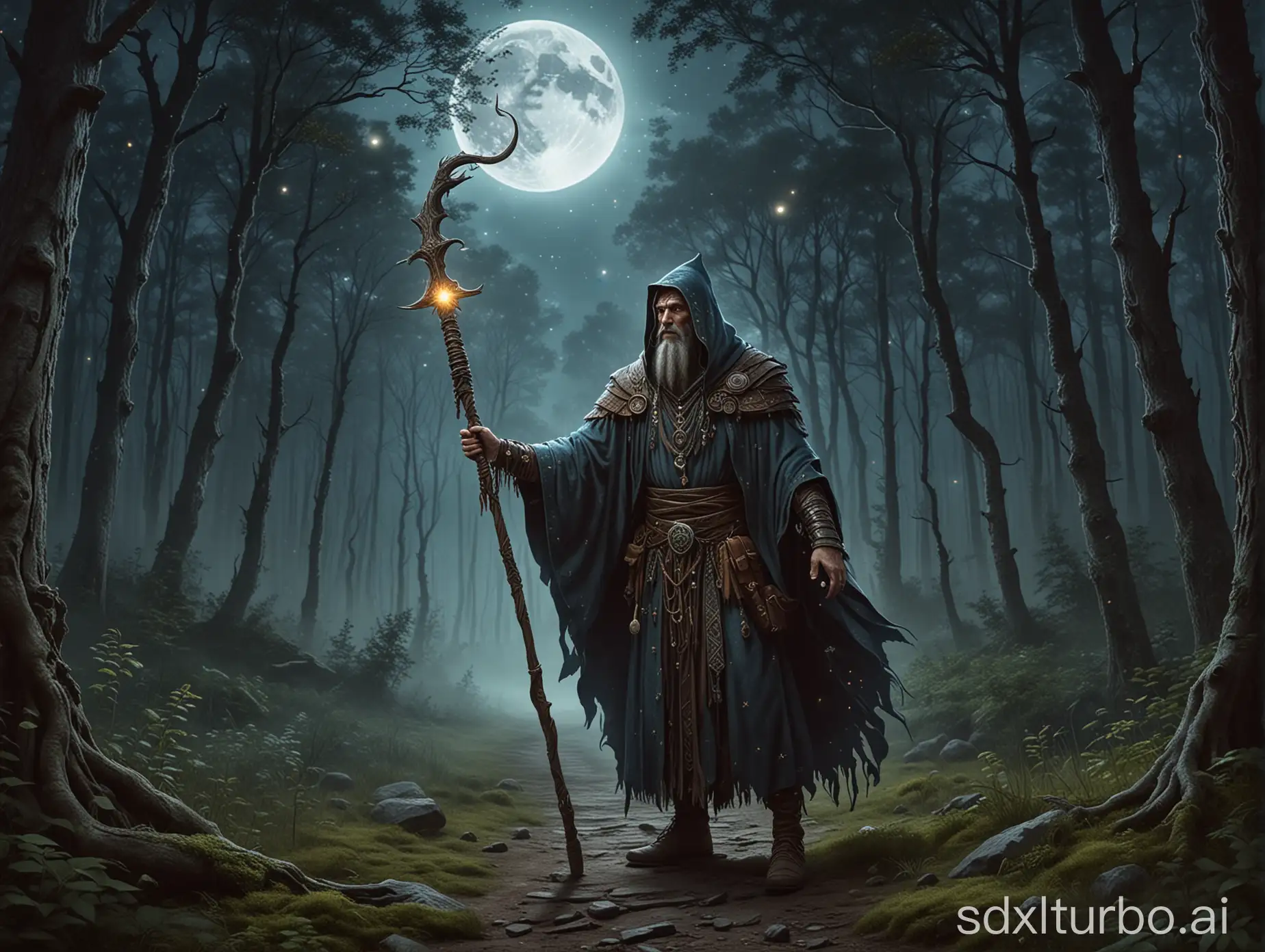 a sorcerer resembling a hatless shaman with his staff and cloak at a crossroads of 4 paths in the middle of a forest with the moon and stars in the sky
