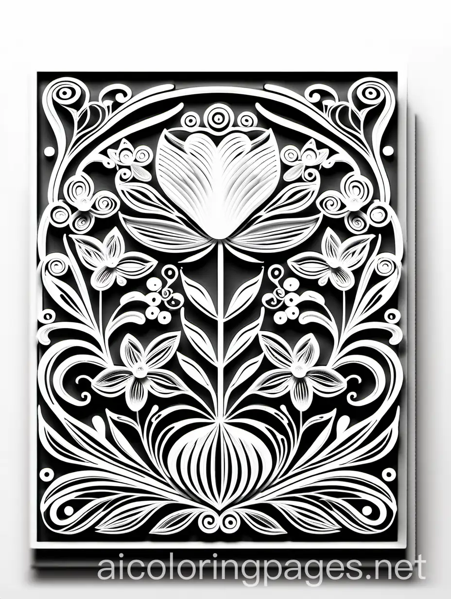 paper cut and quilling, fantasy flowers in a glass vase,  in the style of Feng Shui, Coloring Page, black and white, line art, white background, Simplicity, Ample White Space. The background of the coloring page is plain white to make it easy for young children to color within the lines. The outlines of all the subjects are easy to distinguish, making it simple for kids to color without too much difficulty