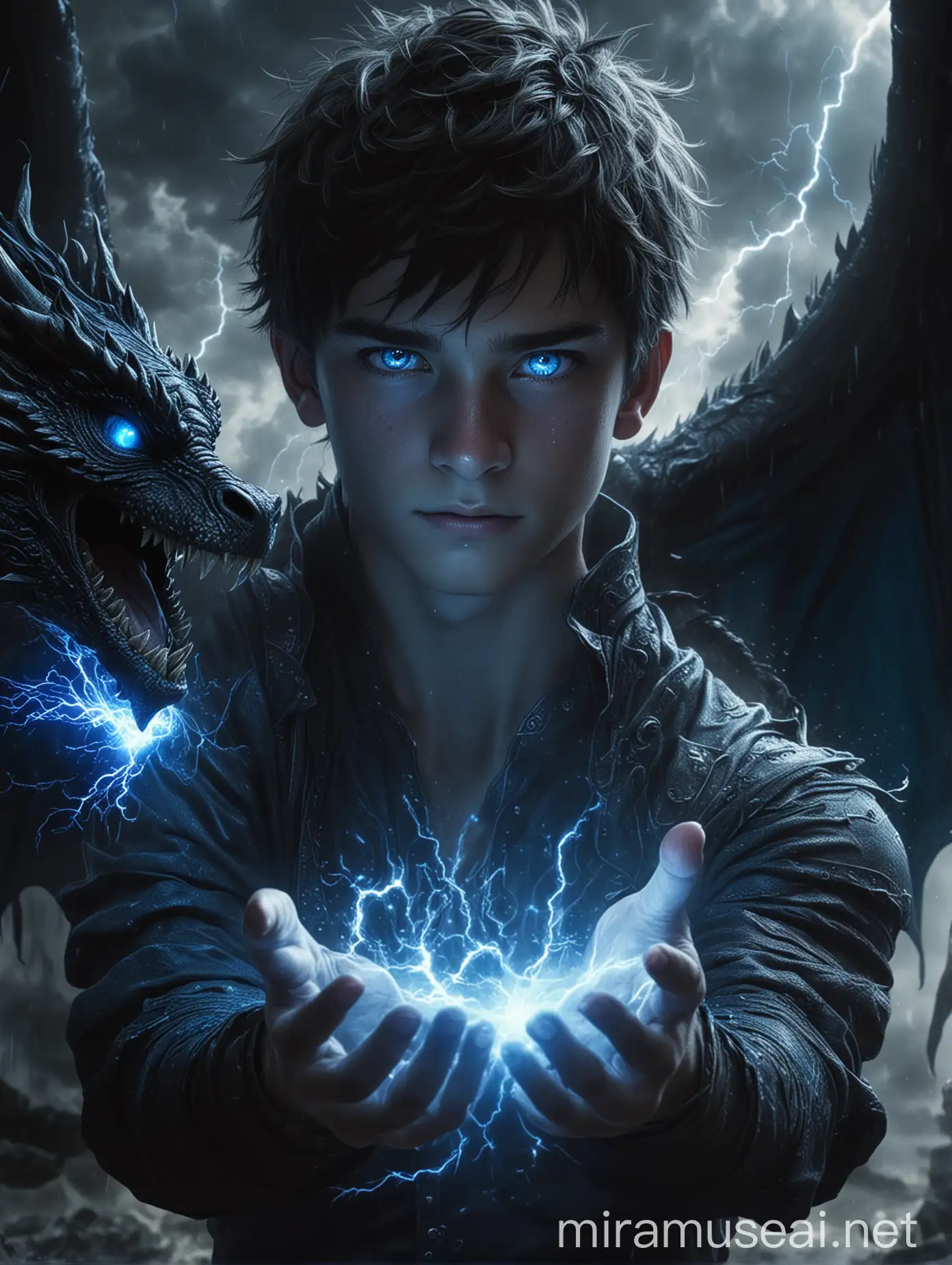generate a realistic image of a 17-year old boy who is a prince, there is blue lightning coming out of his hands, and behind him there is a black dragon with blue eyes