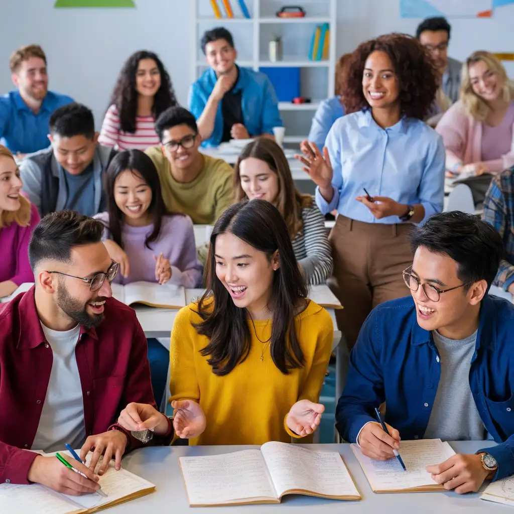 a diverse group of university students English.  They are all engaged and study, they are speaking , while a teacher in the background facilitates a discussion. The overall feel should be happy, modern, and optimistic about the future of education. --ar 2:3 --sref