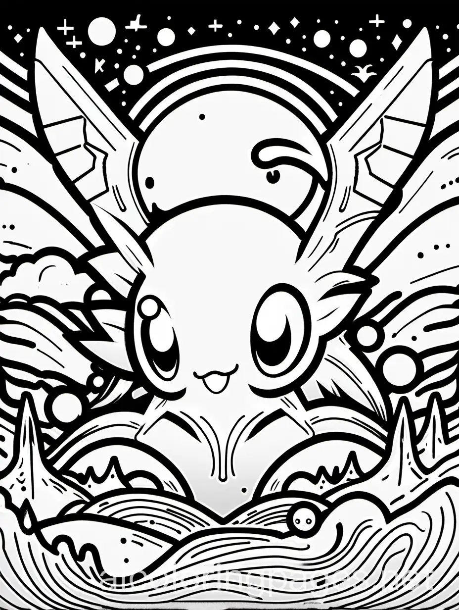 Alien and monster type of pokemon, Coloring Page, black and white, line art, white background, Simplicity, Ample White Space. The background of the coloring page is plain white to make it easy for young children to color within the lines. The outlines of all the subjects are easy to distinguish, making it simple for kids to color without too much difficulty