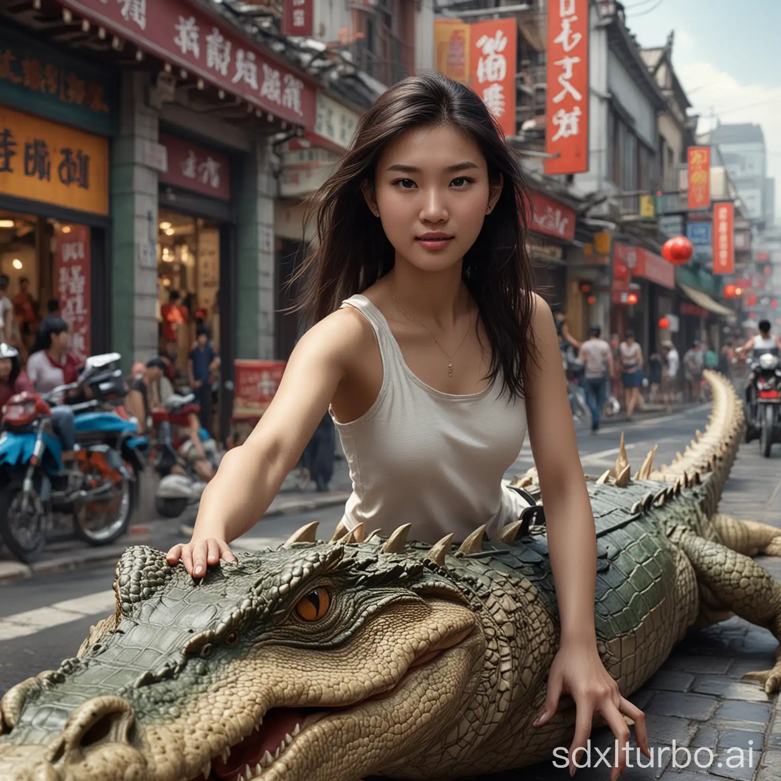 Vibrant-Urban-Scene-Chinese-Girl-Riding-Crocodile-in-Busy-City-Street