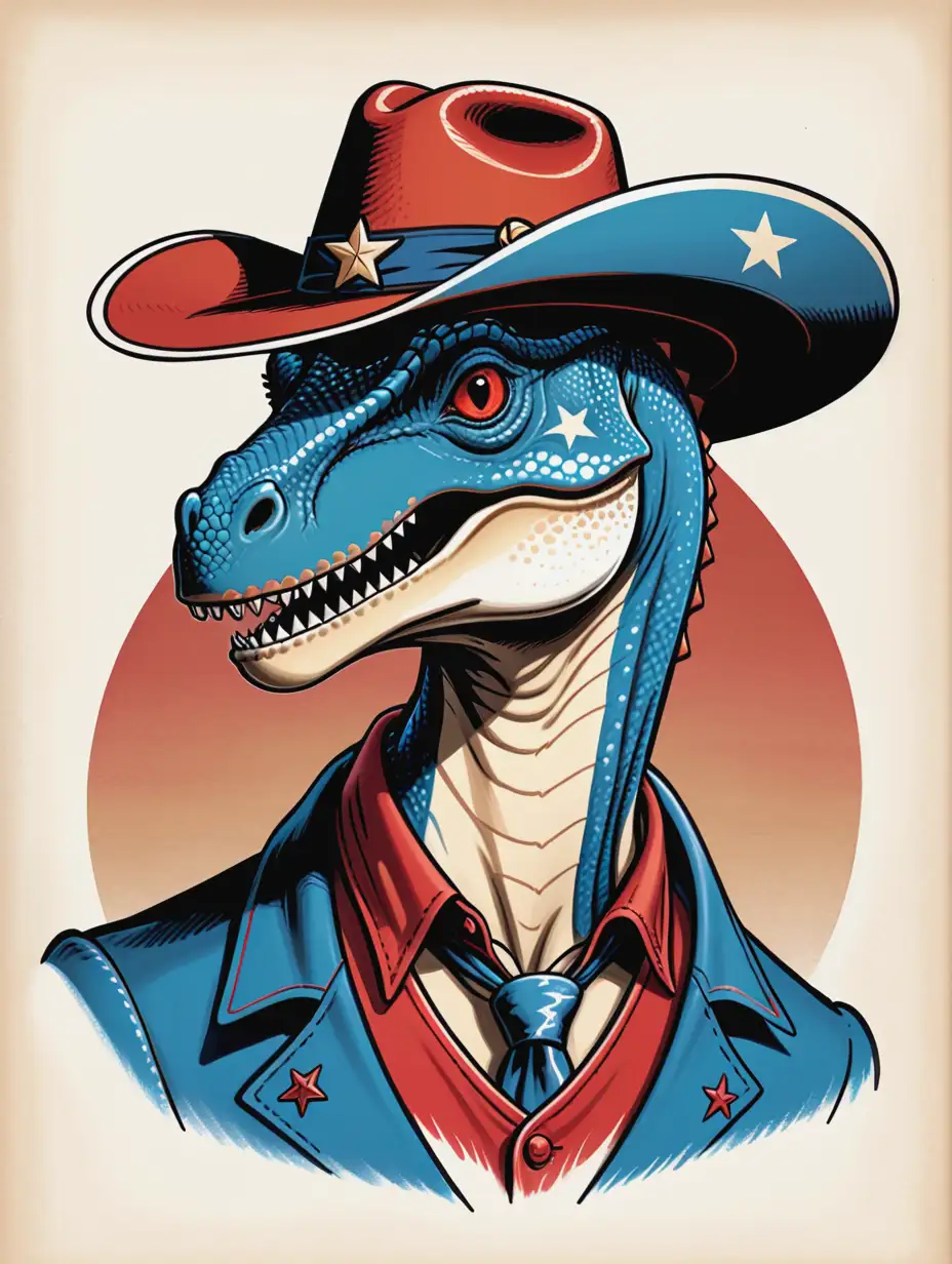 drawing of an Americana Style dinosaur wearing a cowboy's hat in the style of Sailor Jerry's tattoo flash art, bold lines, using the colors red, white, blue, black, and tan