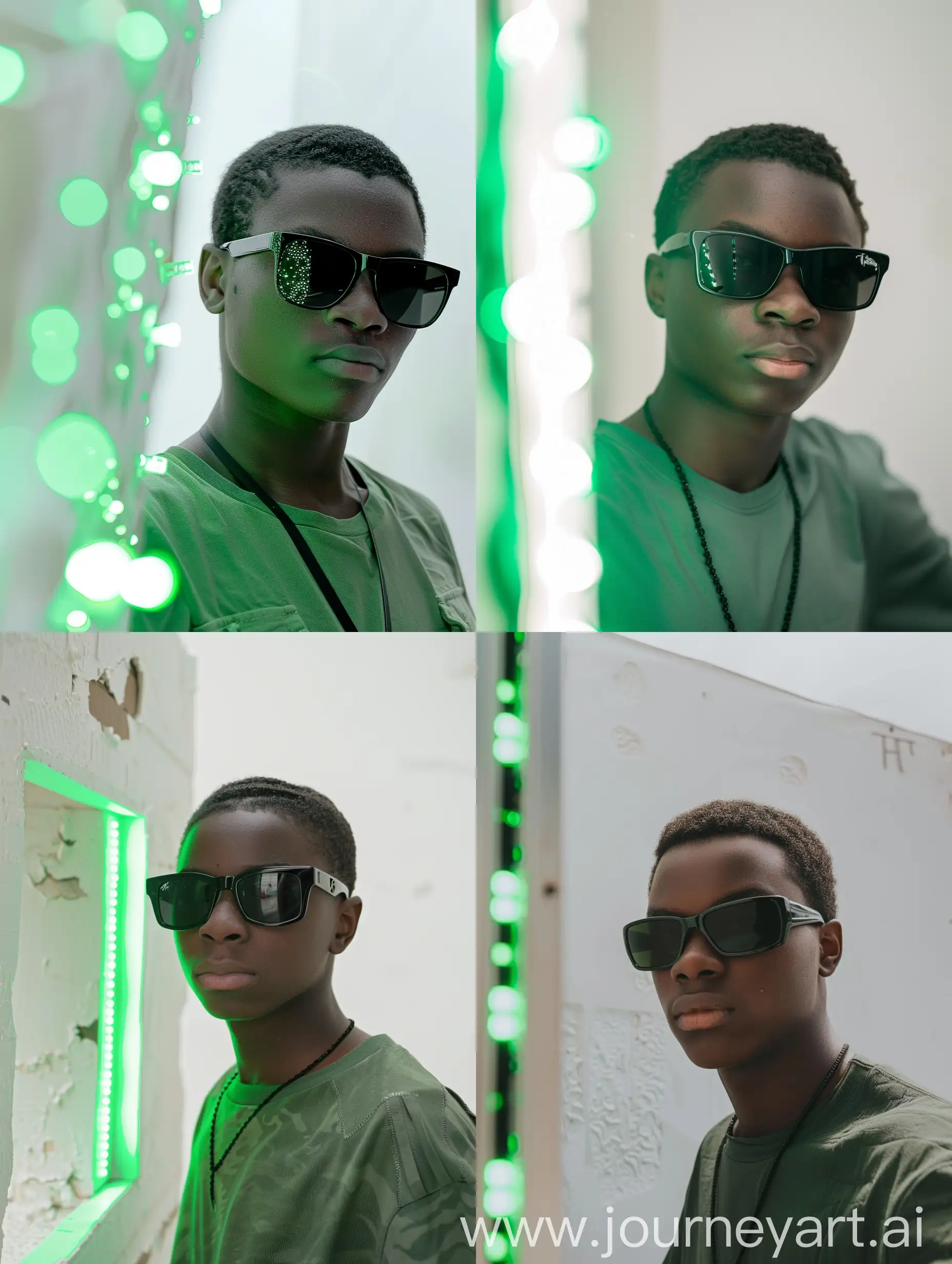 Aesthetic Instagram selfie of a young African-American man wearing black sunglasses and a green shirt is standing in front of a white wall with green led lights on the left side of the image. The man is looking at the camera with a neutral expression. He is wearing a black necklace. The background is blurry.  [African-American man, portrait, neutral expression], [realism, photorealistic, high-quality, detailed], [white wall, green led lights]