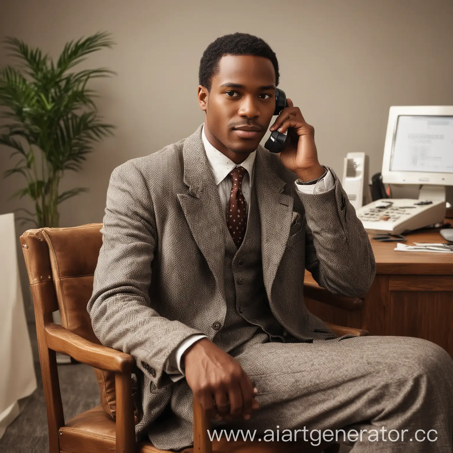 African-American-Man-in-Stylish-Herringbone-Jacket-Talking-on-Office-Landline