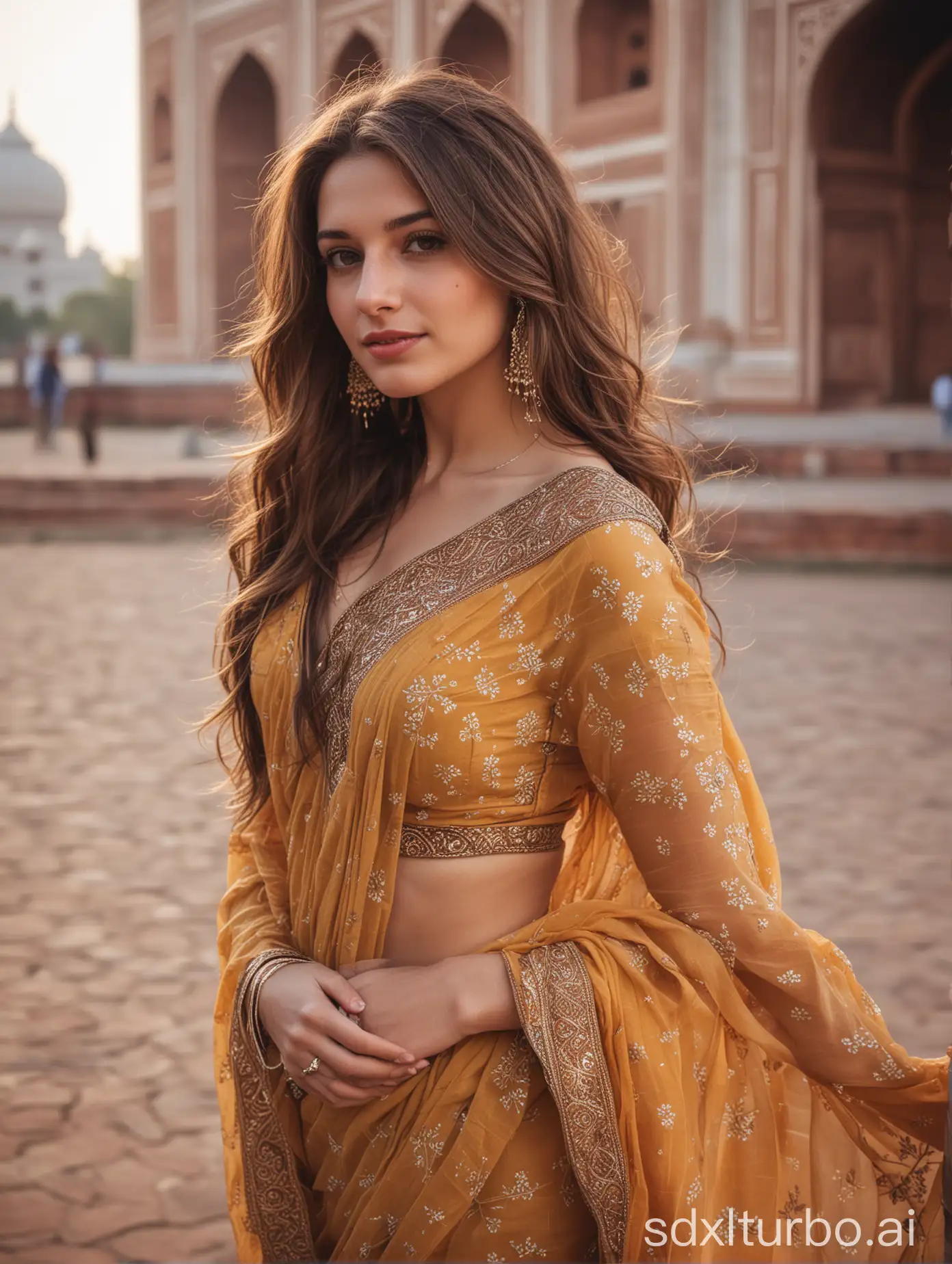 young Caucasian woman, long brown hair, wearing a saree, sexy, in front of Taj Mahal, bokeh
