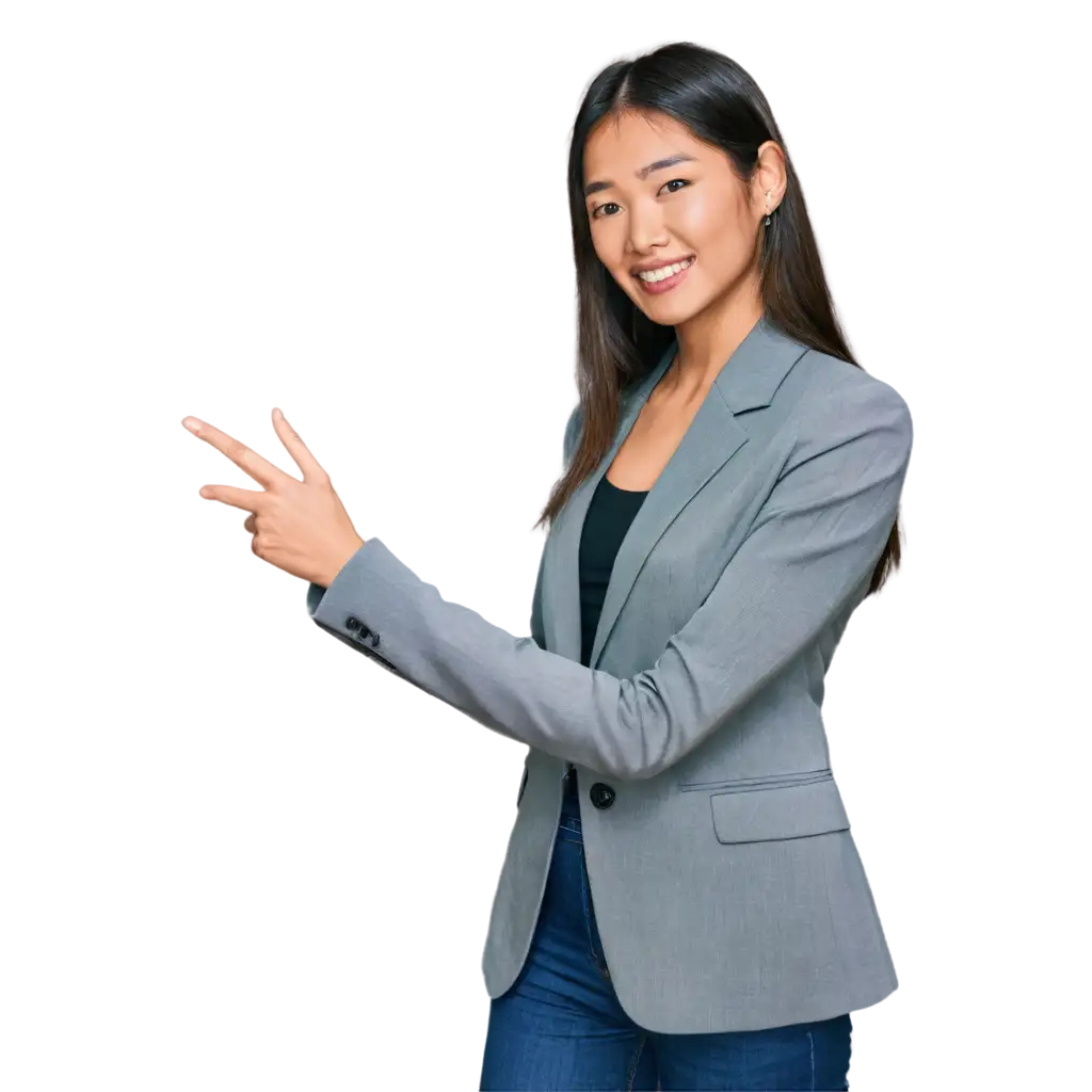 Seorang wanita asia bisnis bertubuh langsing dan cantik memakai blazer kerja dengan gerakan sedang menunjukan sebuah produk ke kita