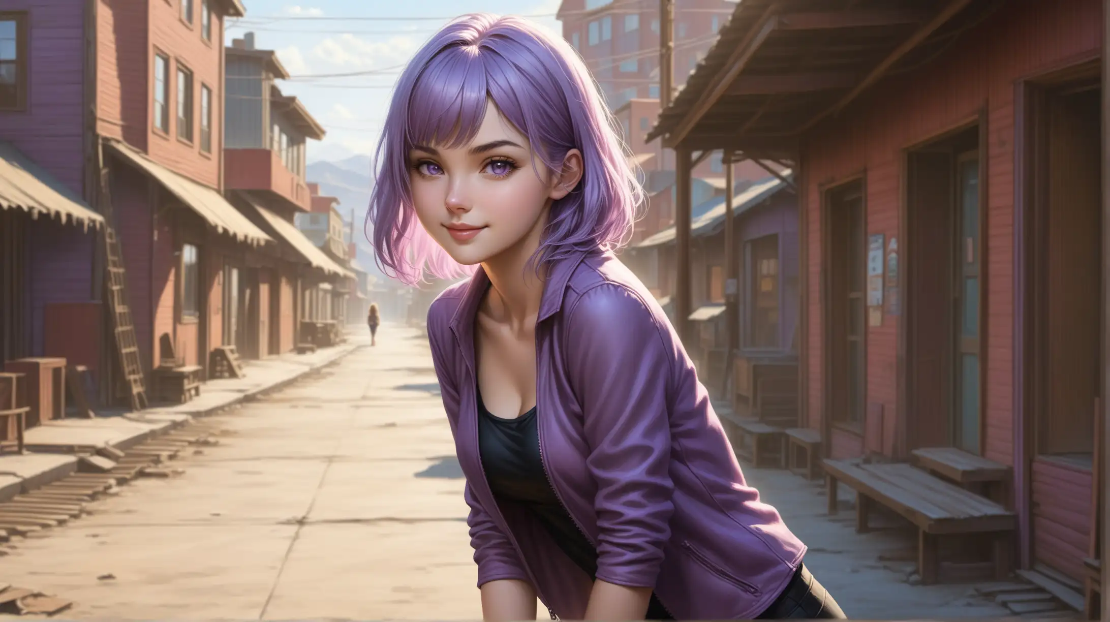 Seductive Woman with Light Purple Hair in FalloutInspired Outfit Outdoors