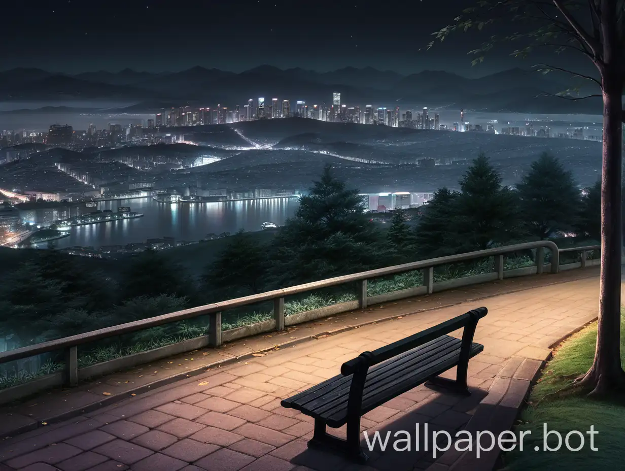 anime night wallpaper with empty park bench from hill view +  dark atmosphere + bench in center + no lights + dark colors and lower contrast saturation + bustling city downhill