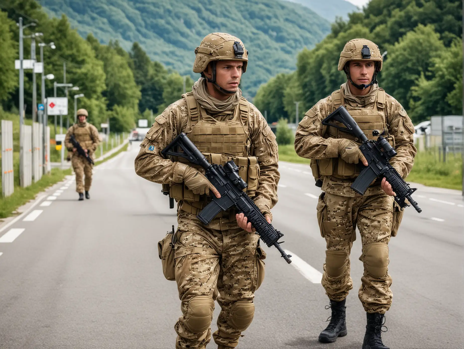 Two modern Liechtenstein soldiers wearing multicam and helmets, carrying modern carbines, standing on road guarding checkpoint