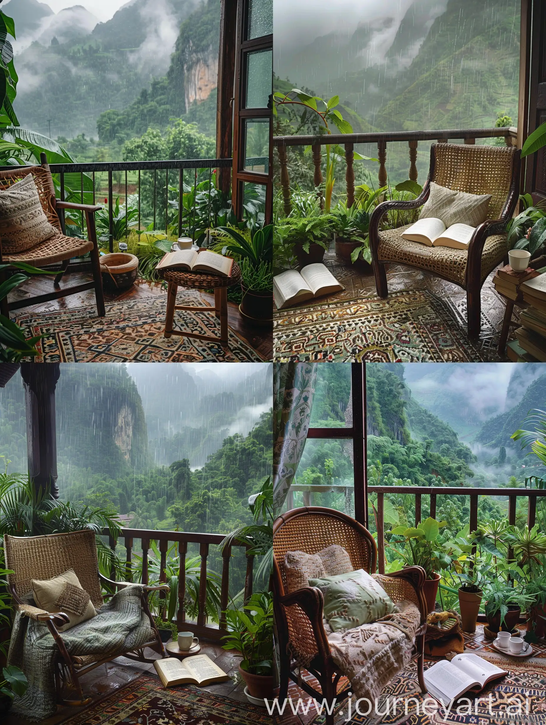 A room located in a lush mountain forest. , the room features a chair with a woven back and arms, and a throw pillow on top. An open book and a coffee cup lie on a small wooden table, and a traditional patterned rug covers the floor. The room has a large window open, and outside the window is a view of lush green vegetation and mist-shrouded mountains. , it is raining lightly outside, and the balcony is filled with various green plants and flowers,