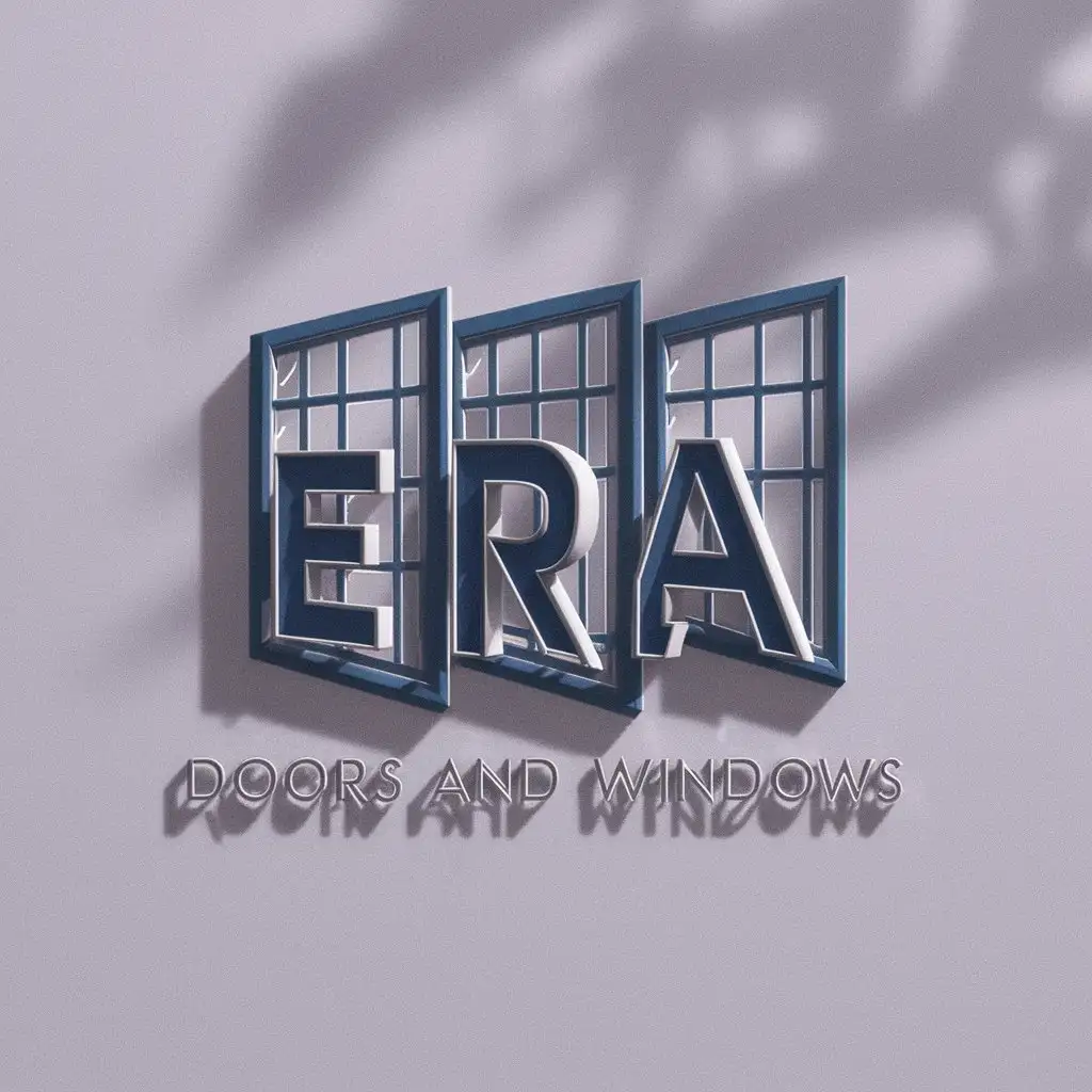 Logo design, text 'ERA Doors and Windows', main symbol: Windows in shape of ERA word, Minimalistic, for use in Construction industry, clear background word make it in blue and window size should be small, makeERAwordin3DWINDOWCOLOURCHANGETOSKYBLUEMAKEERABLACKCOLOURCOMPLETEAWORD