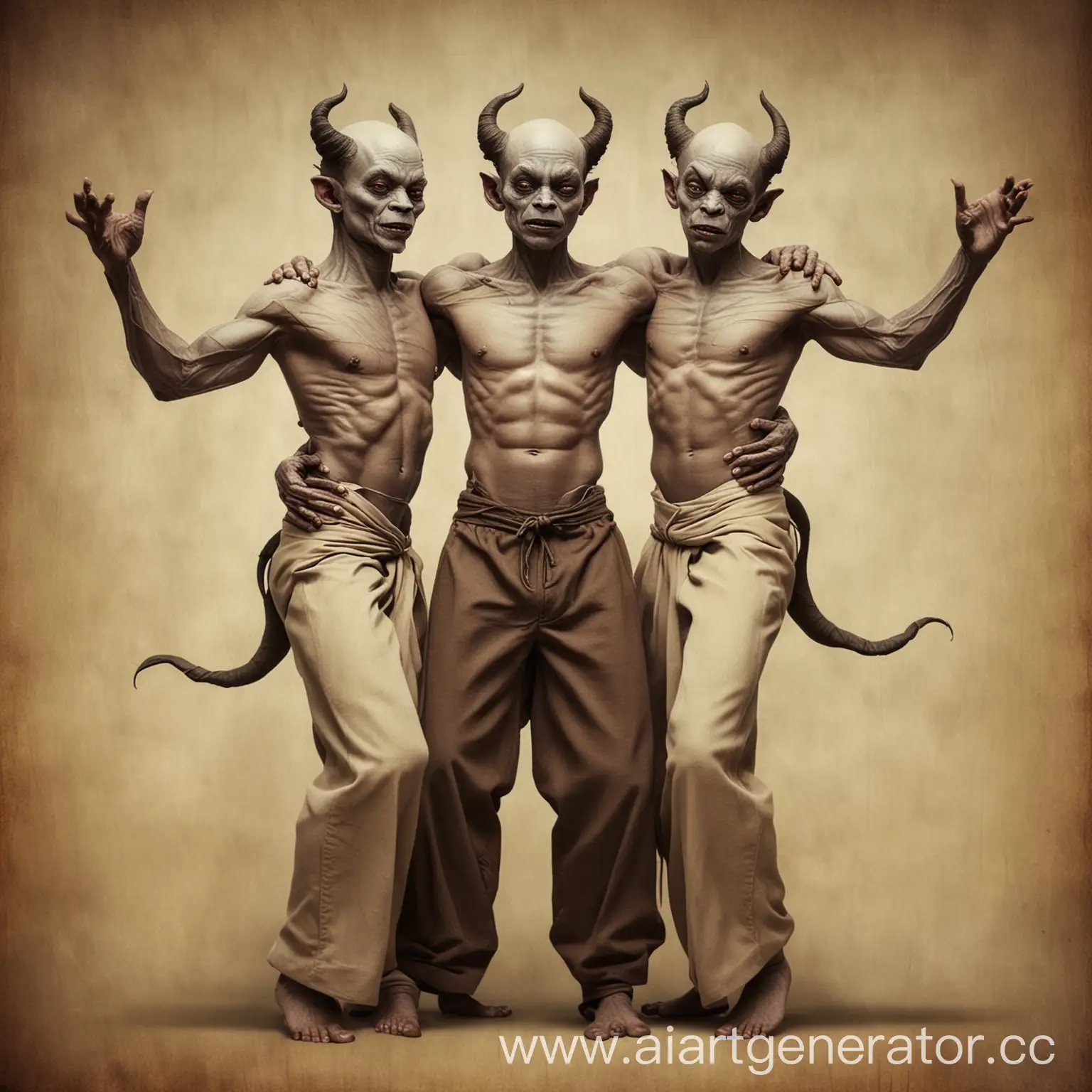 Male-Demon-Siamese-Twins-with-Raised-Arm-Connected-at-Hip-Level