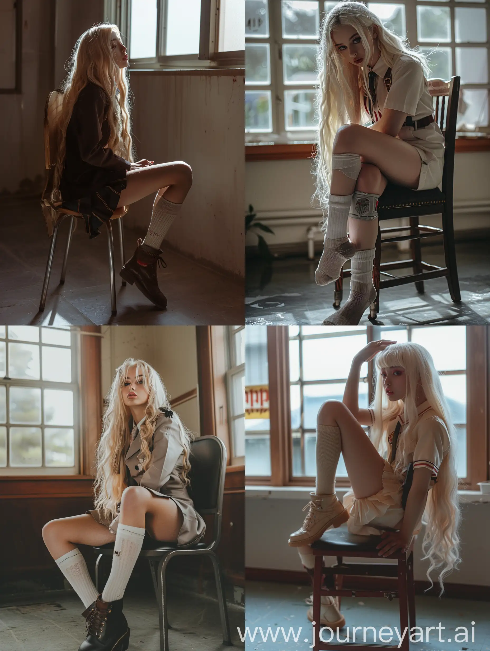 1 girl, long blond hair, 18 years old, influencer, beauty,   in the school, school uniform, makeup, ,sitting on chair, down view, socks and boots, 4k, knee raised