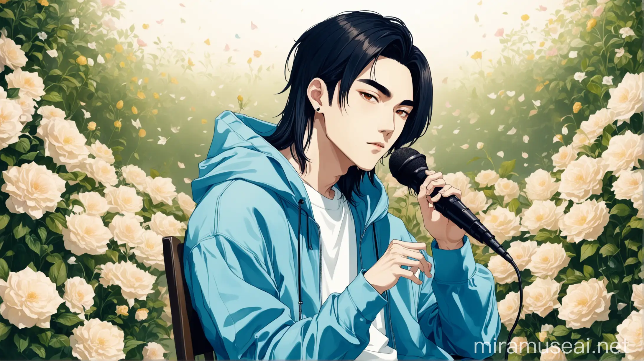 A classy elegant looking Korean kpop male idol, facial features: (black long hair, brown eyes, straight nose, monolid fox eyes, round inverted triangle face, straight eyebrows slight cut eyebrows 
)Wearing blue hoddie jacket and plain white tshirt and pant sitting in chair, singing holding hand mic in a beautiful aesthetic flower garden 