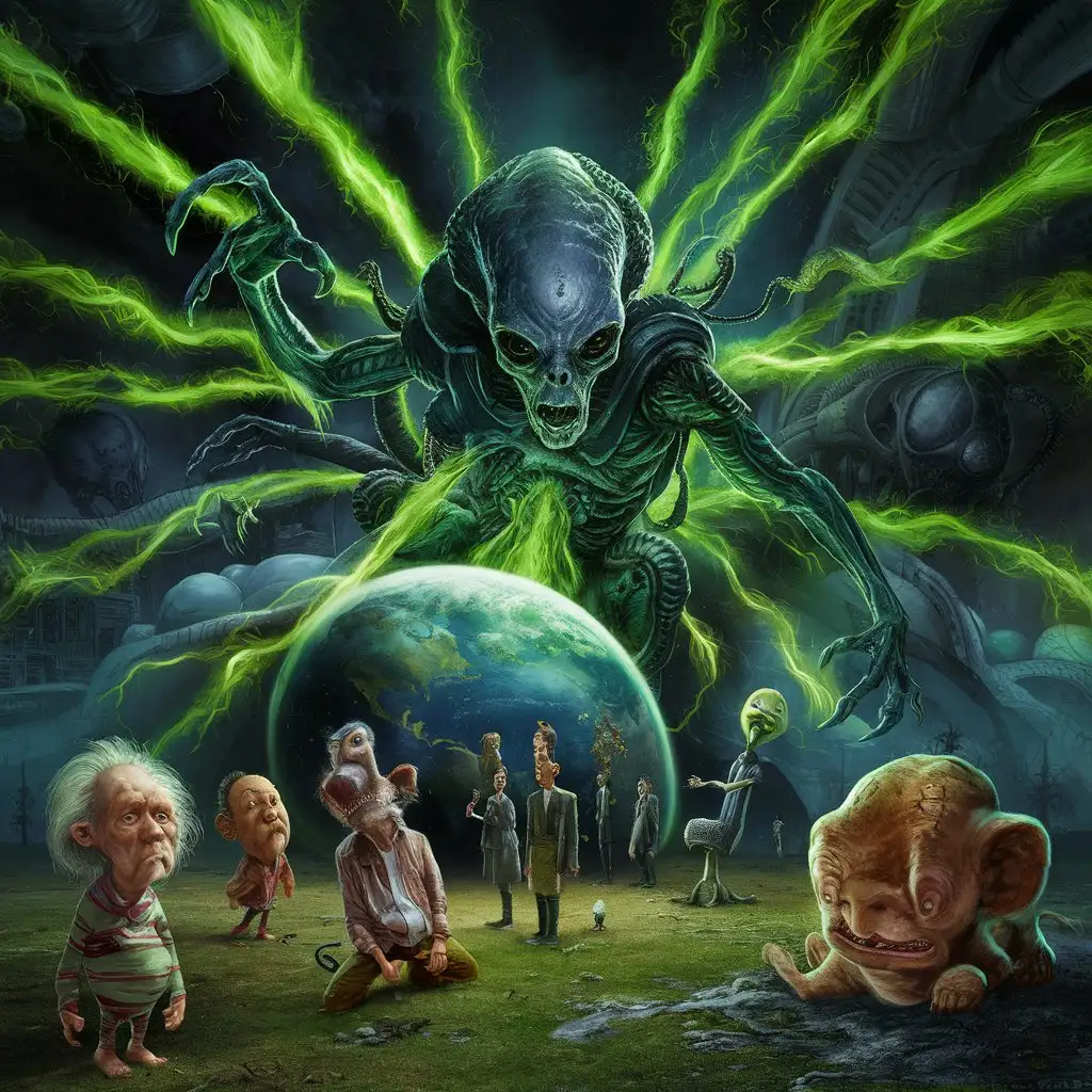 bad-picture-chill-75v "uhd Alien uhd Encounter: In a collision of  Albert Einstein whimsical charm and H.R. Giger's haunting imagery, Picture an alien wreak havoc on earth with their eerie green rays.  Albert Einstein quirky characters react with a mix of curiosity and fear, while Giger's enhancements lend an unsettling edge to the extraterrestrial beings, their biomechanical features hinting at a darker purpose."