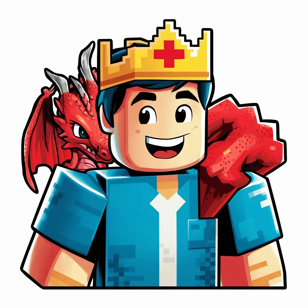 Персонаж мальчик, рубашка голубая, за спиной красный дракон выглядывающий с правого плеча, на нëм надета пиксельная корона как в игре roblox, аниме, 184x184