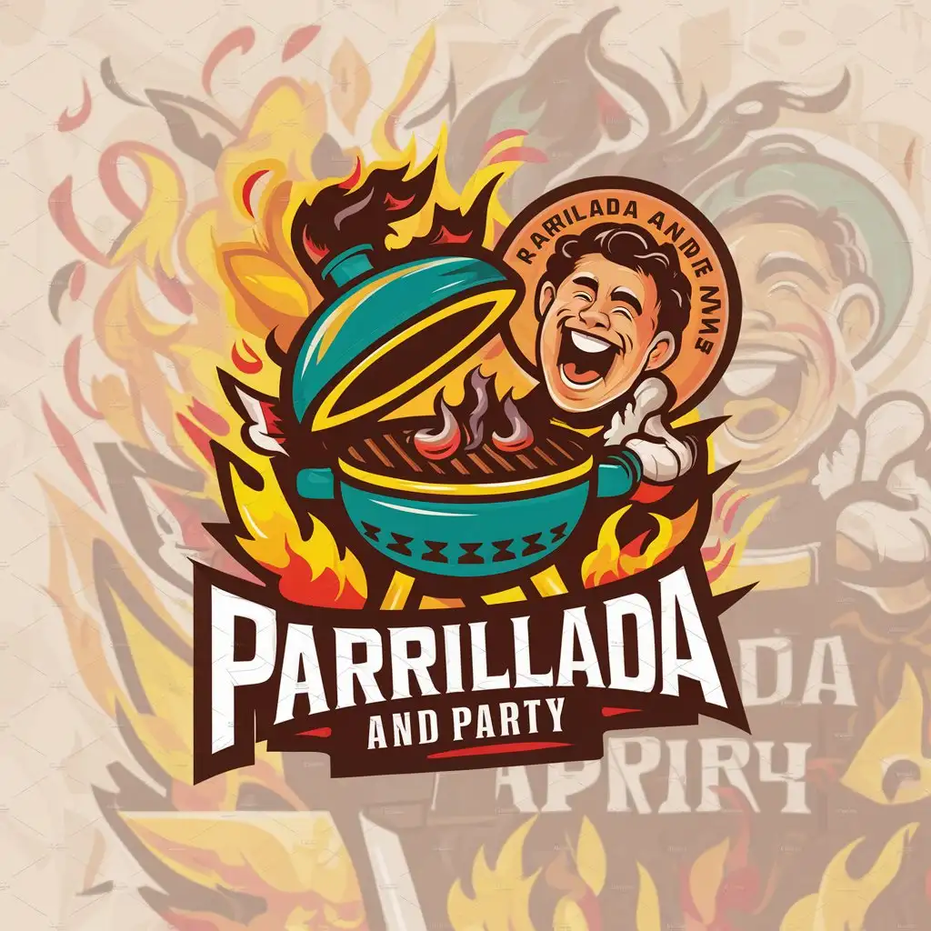 a logo design,with the text "parrillada and party", main symbol:mexican man grilling happy excited  fire colorful turquoise yellows reds meat,Moderate,be used in Retail industry,clear background