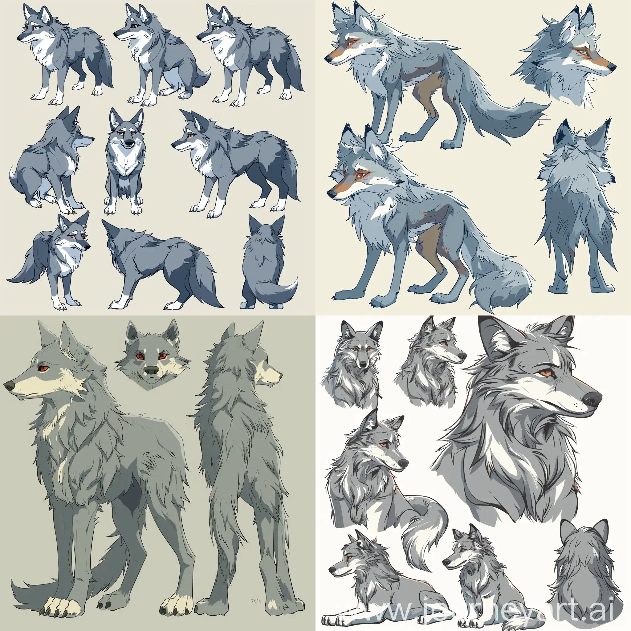 Kemono, furry, grey wolf, reference sheet full body