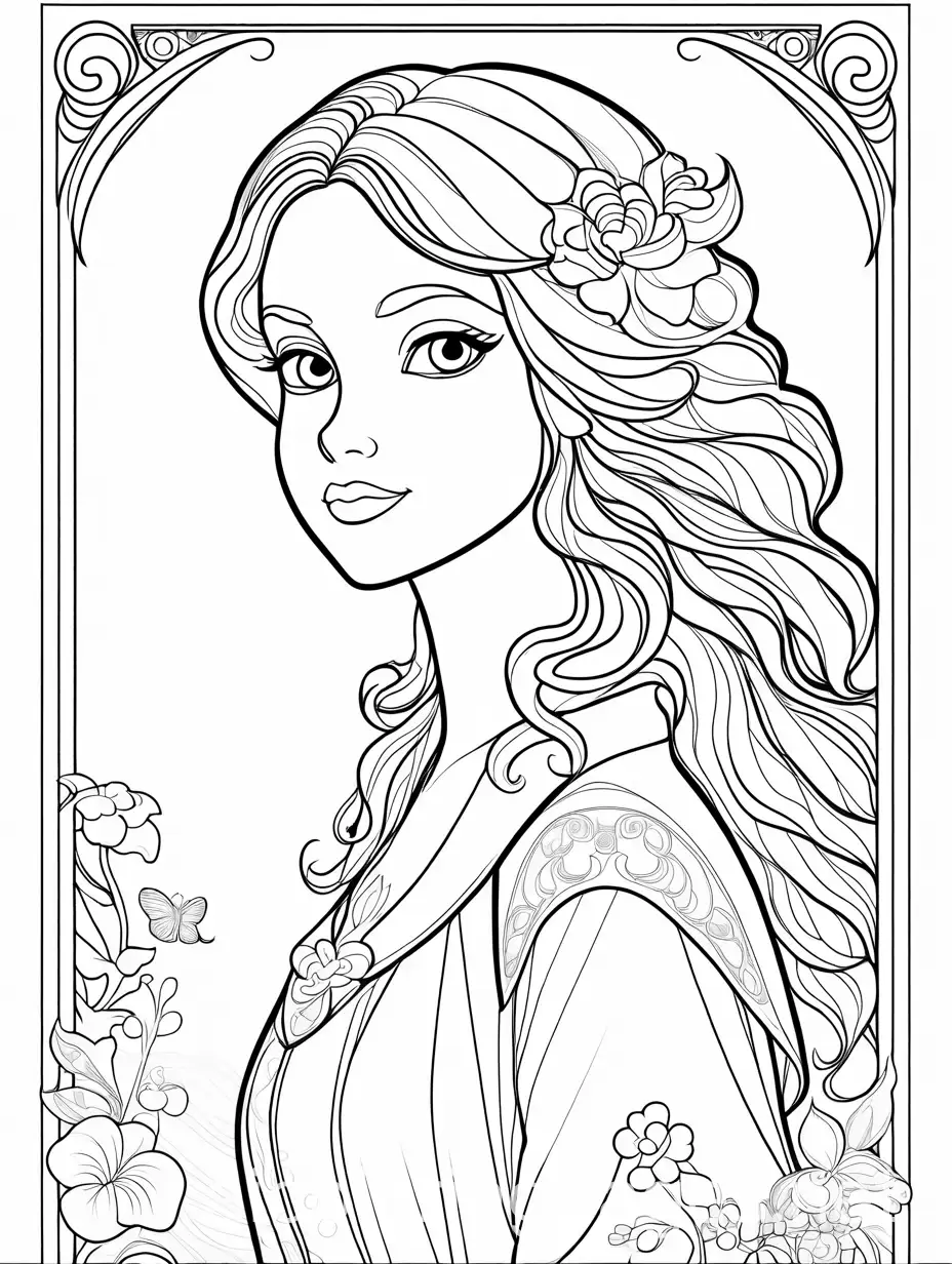 Gisel from enchanted movie uncolored drawing for kids coloring book, Coloring Page, black and white, line art, white background, Simplicity, Ample White Space. The background of the coloring page is plain white to make it easy for young children to color within the lines. The outlines of all the subjects are easy to distinguish, making it simple for kids to color without too much difficulty