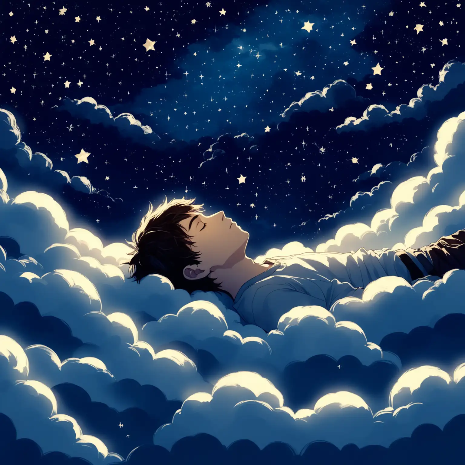 nighttime a 24-year-old sunny open-minded young man lying on a patch of clouds sleeping, he is facing the sky, with several scattered clouds around, and the air is full of stars