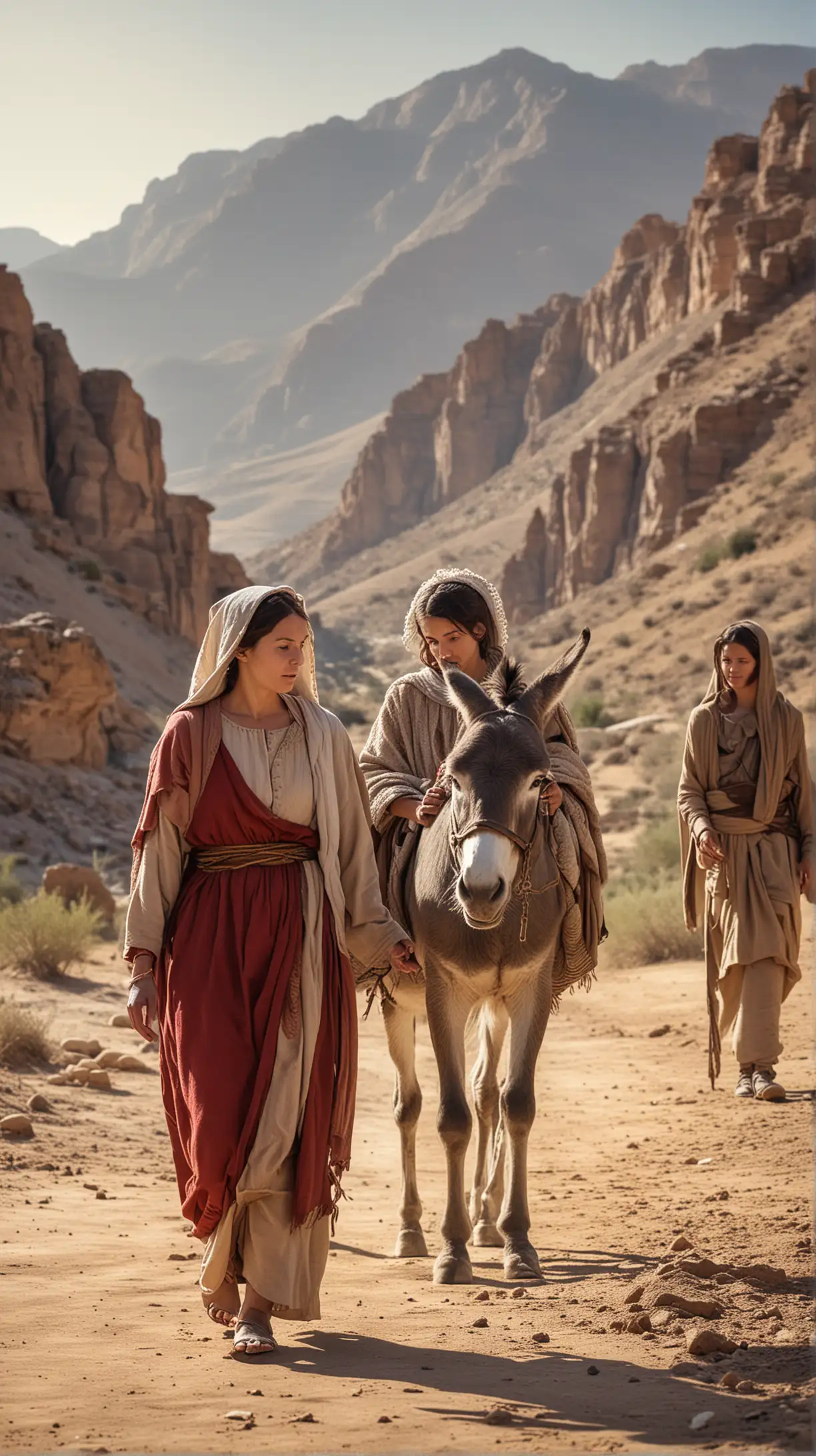 a woman, at time of Jesus in desert and mountains, in background walks a man, a child and a donkey