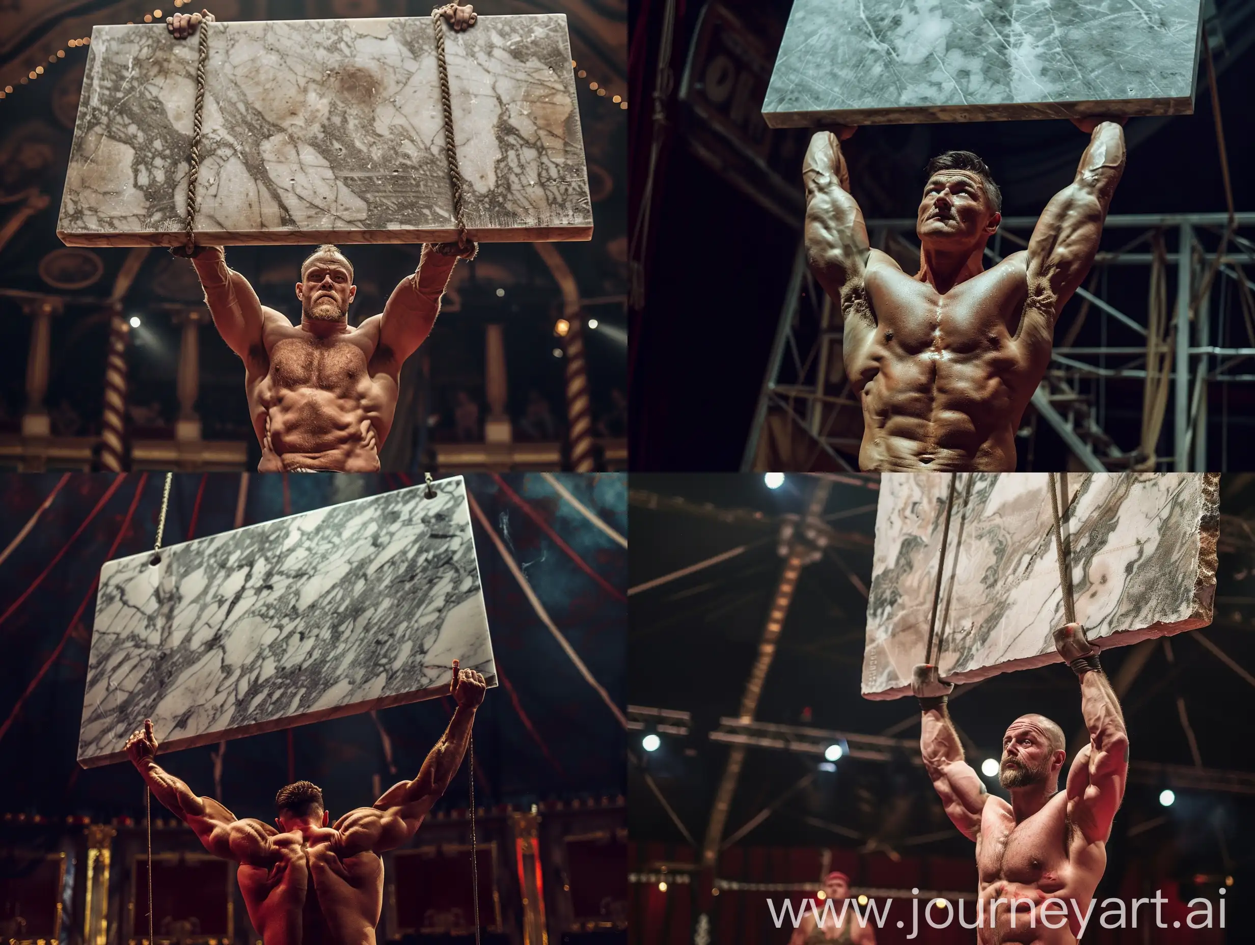 A muscular strongman is lifting up a huge marble slab in a circus, realistic, cinematic