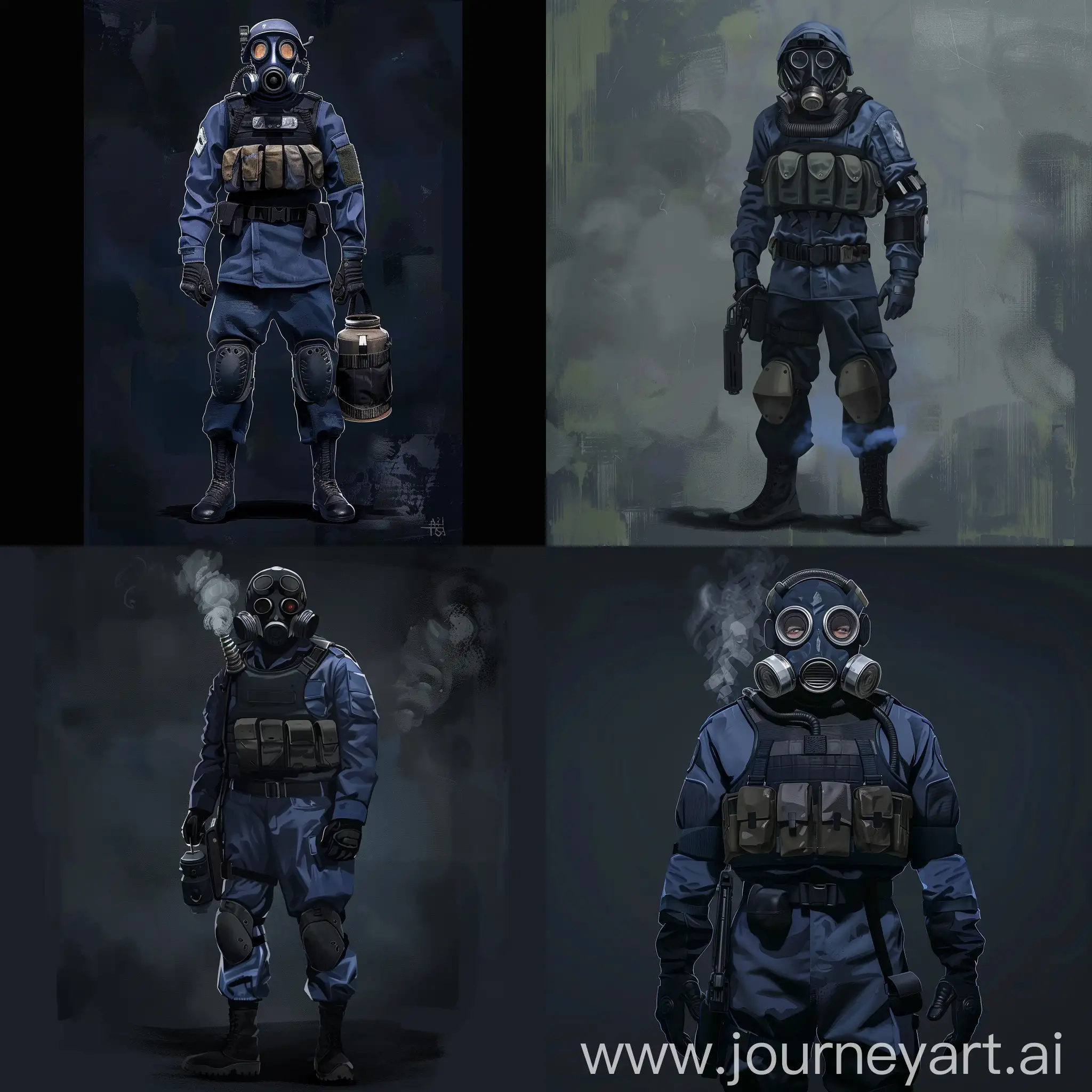 Dark blue uniform, mercenary stalker, concept character art, military armor, gasmask, complete equipment.