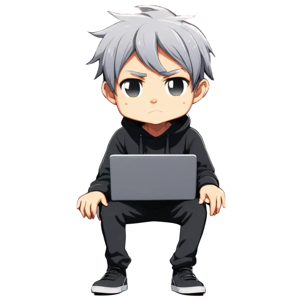 PNG-Anime-Character-Male-Ghoul-Chibi-with-Gray-Hair-in-Black-Clothes-Sitting-on-Computer-Block