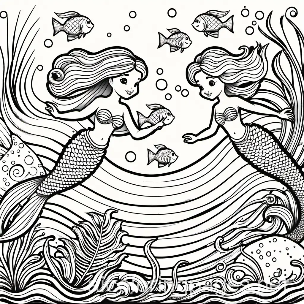 two cute mermaids, toddlers, friends, swimming underwater surrounded by seahorse and fish, Coloring Page, black and white, line art, white background, Simplicity, Ample White Space