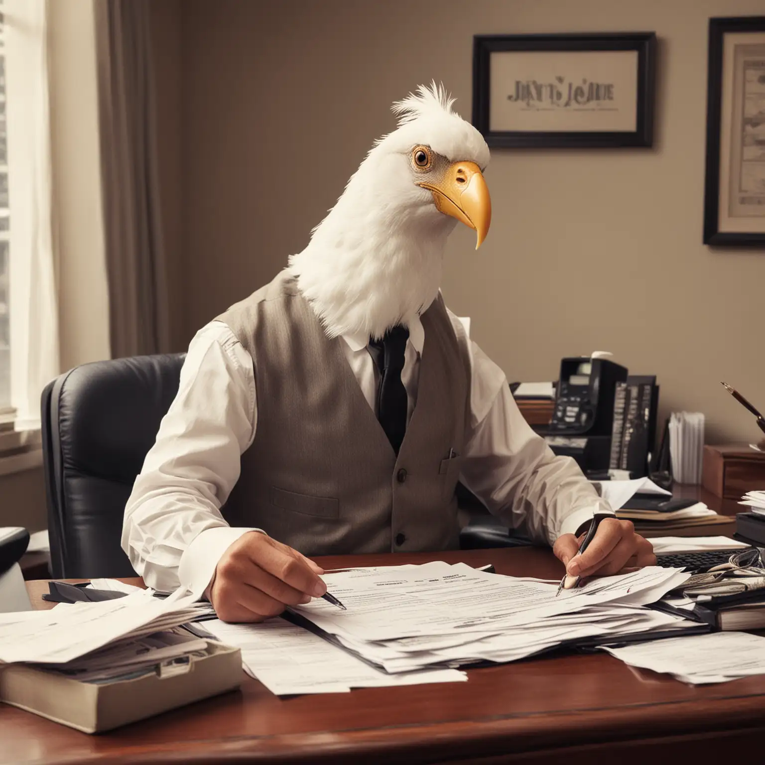 A half man half bird doing his taxes in his office