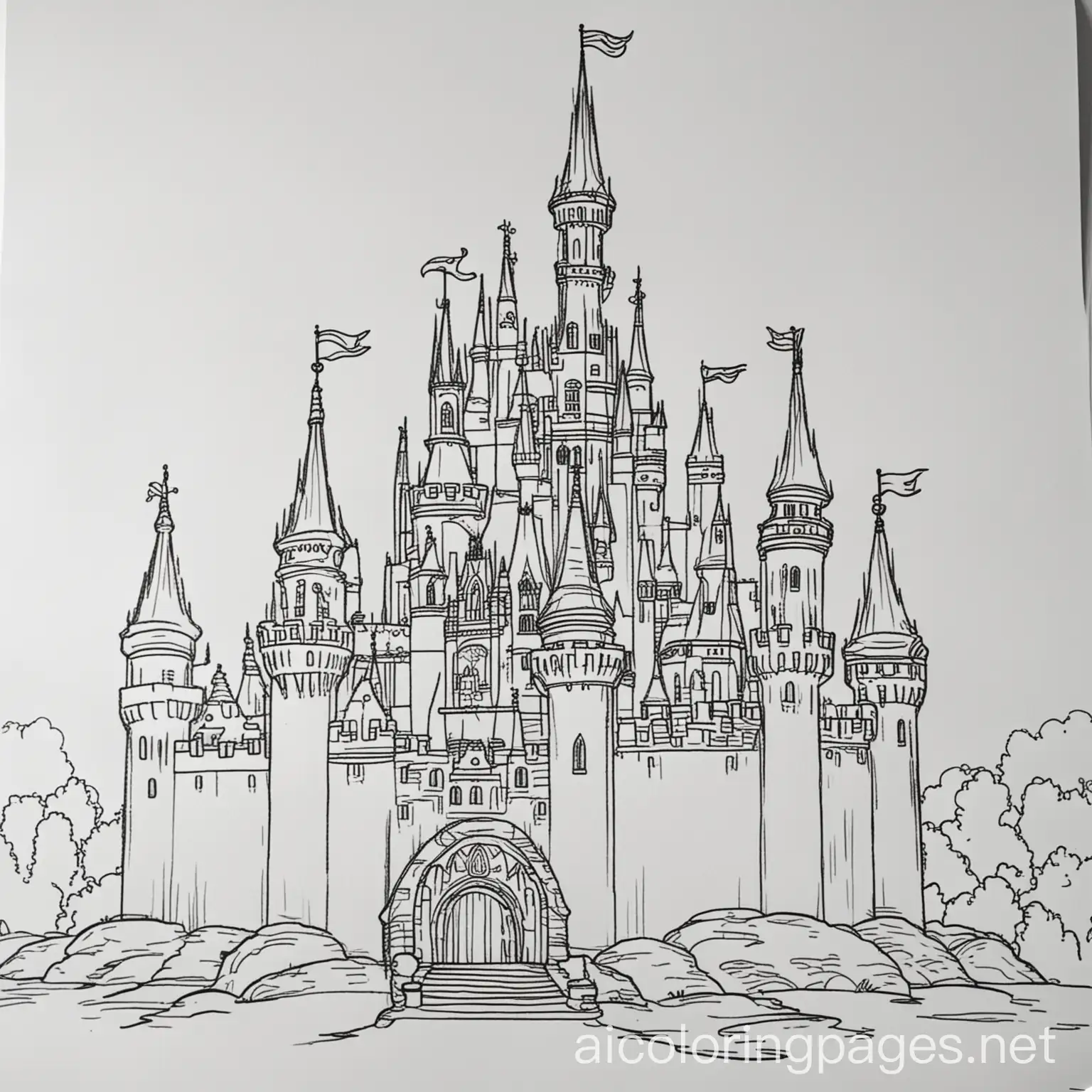 disney castle , Coloring Page, black and white, line art, white background, Simplicity, Ample White Space. The background of the coloring page is plain white to make it easy for young children to color within the lines. The outlines of all the subjects are easy to distinguish, making it simple for kids to color without too much difficulty