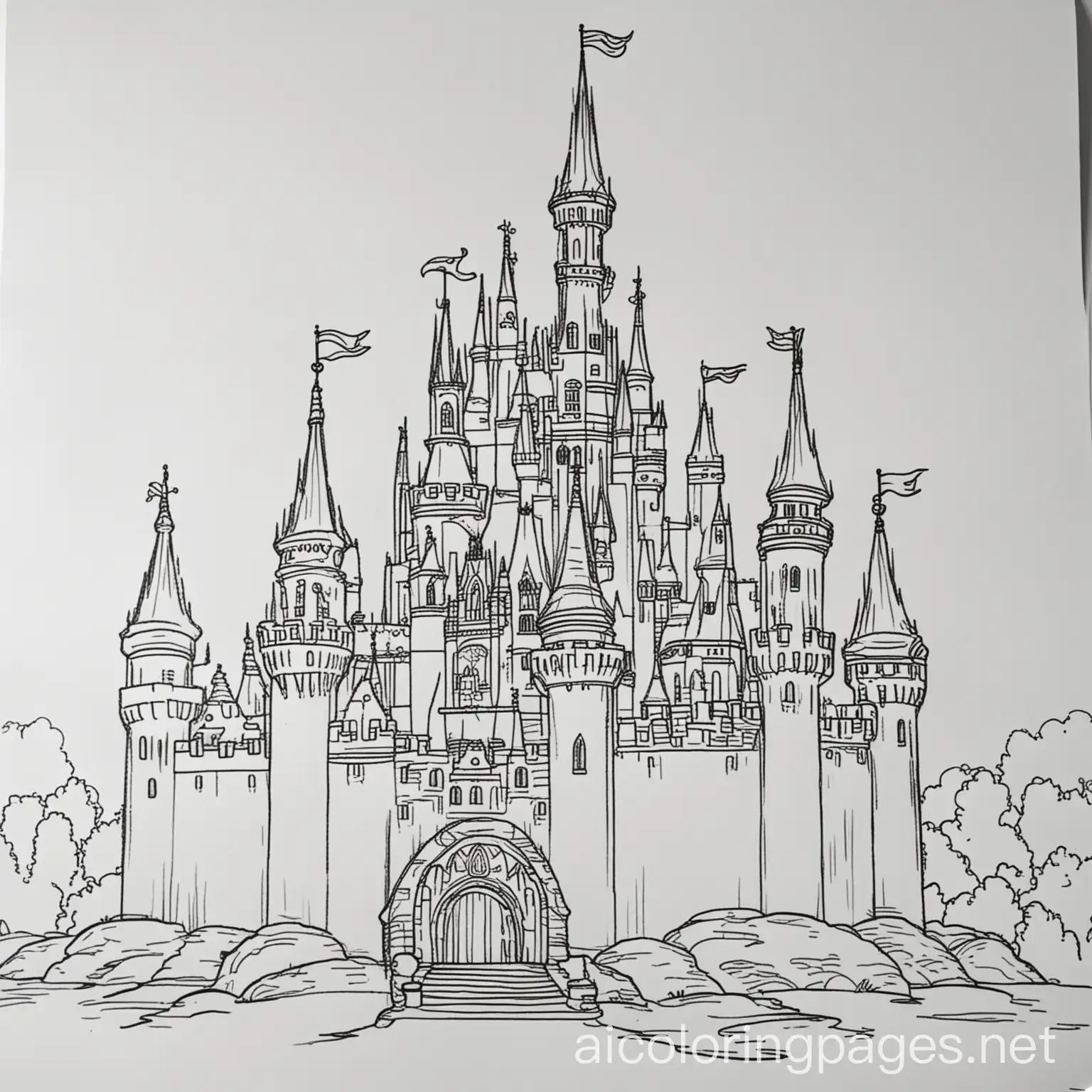 disney castle

, Coloring Page, black and white, line art, white background, Simplicity, Ample White Space. The background of the coloring page is plain white to make it easy for young children to color within the lines. The outlines of all the subjects are easy to distinguish, making it simple for kids to color without too much difficulty