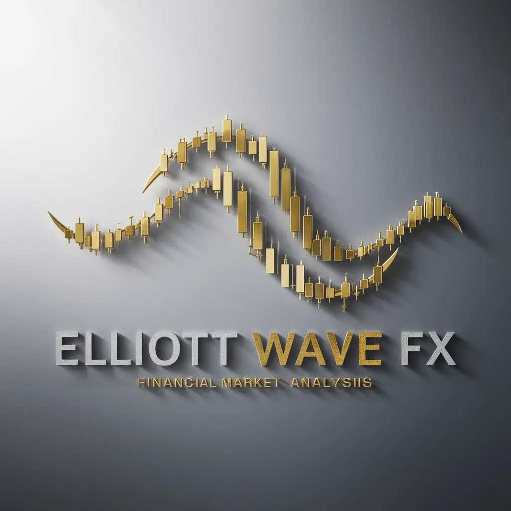 a logo design,with the text "Elliott Wave Fx", main symbol:The background should be silver and the logo should be a wave and trading candles should be a wave and the color should be gold.,complex,be used in Finance industry,clear background