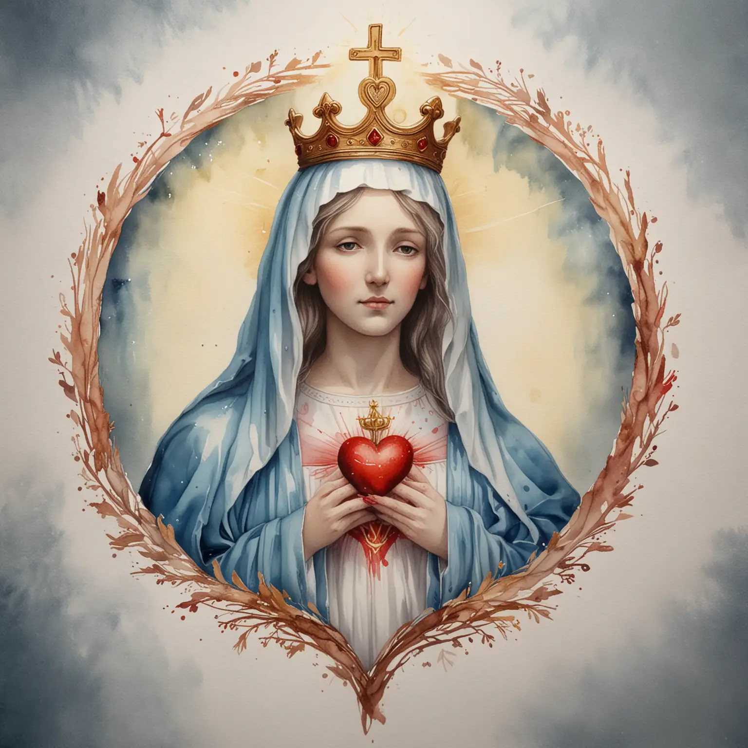 Handdrawn and finished in watercolour style.  Sacred Heart of Mary.  With halo on her head not a crown.  Hands to be joined in front of the heart. Heart size to be smaller than the overall size of hands.
