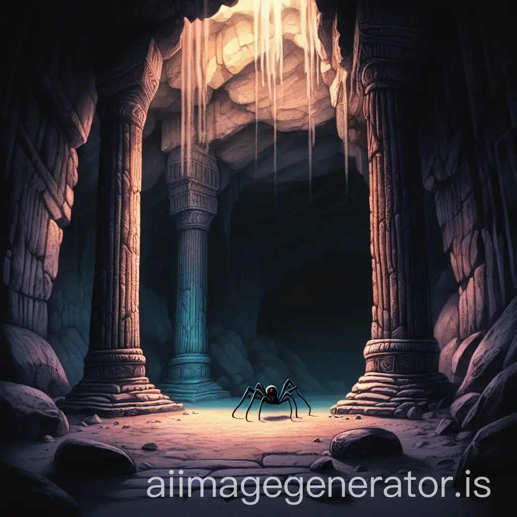 Illustration-of-a-Shadowy-Cave-with-Towering-Pillars-and-Eerie-Spiders-Shadows
