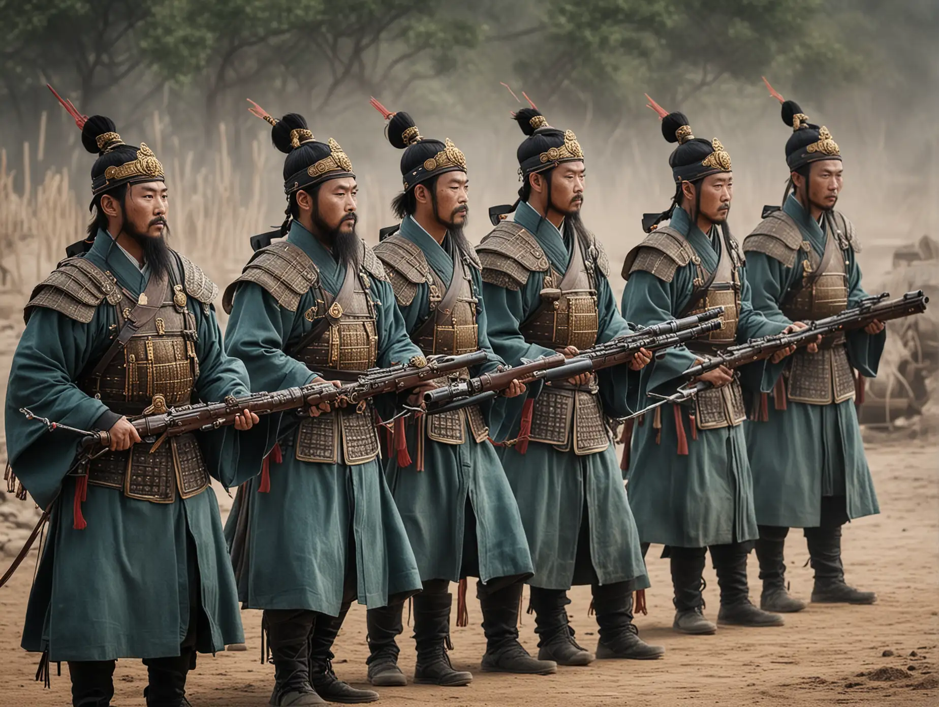 一队拿着激光武器的中国秦朝士兵