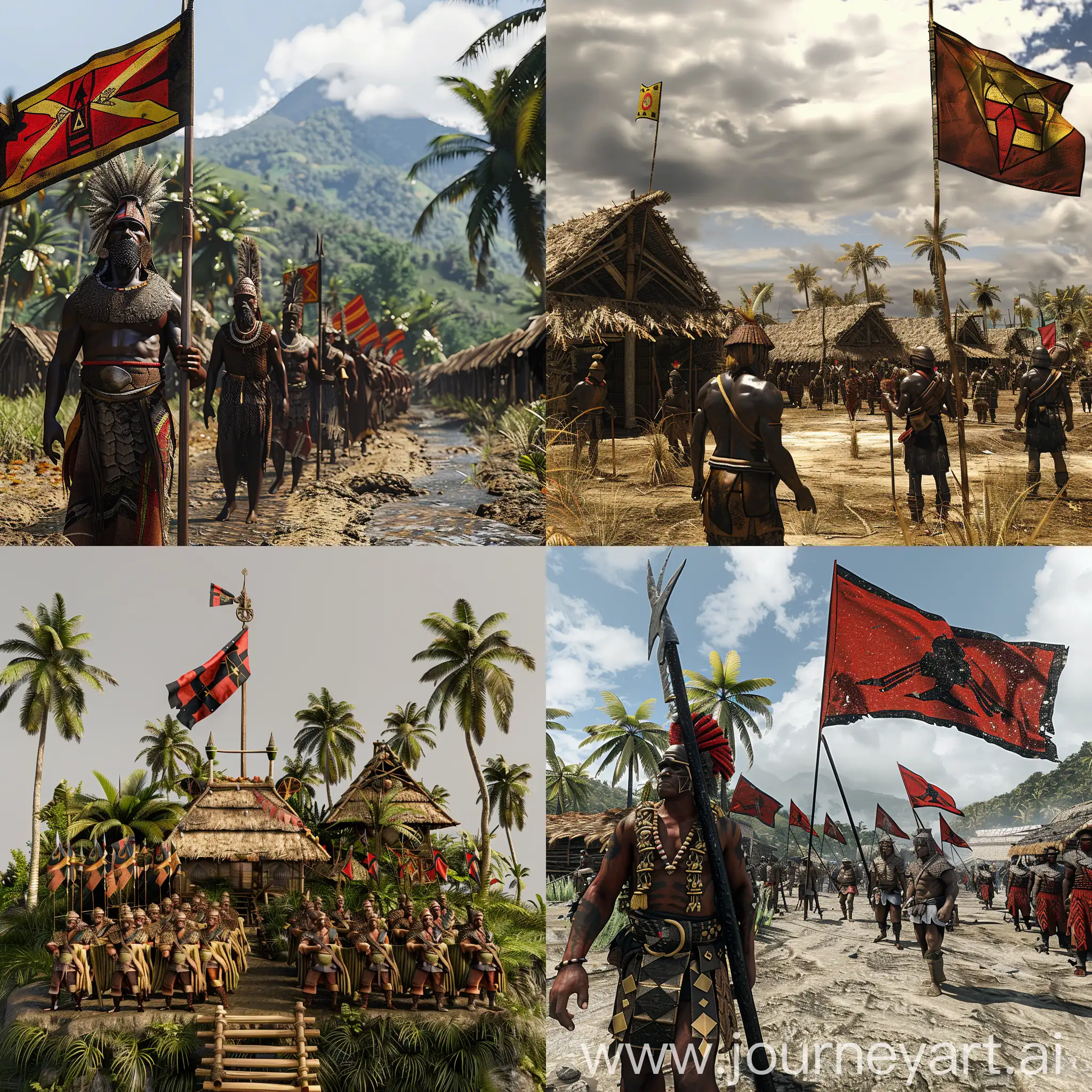 3д модель острова Папуа Гвинейский Союз с флагом, деревней, мужчинами в доспехах