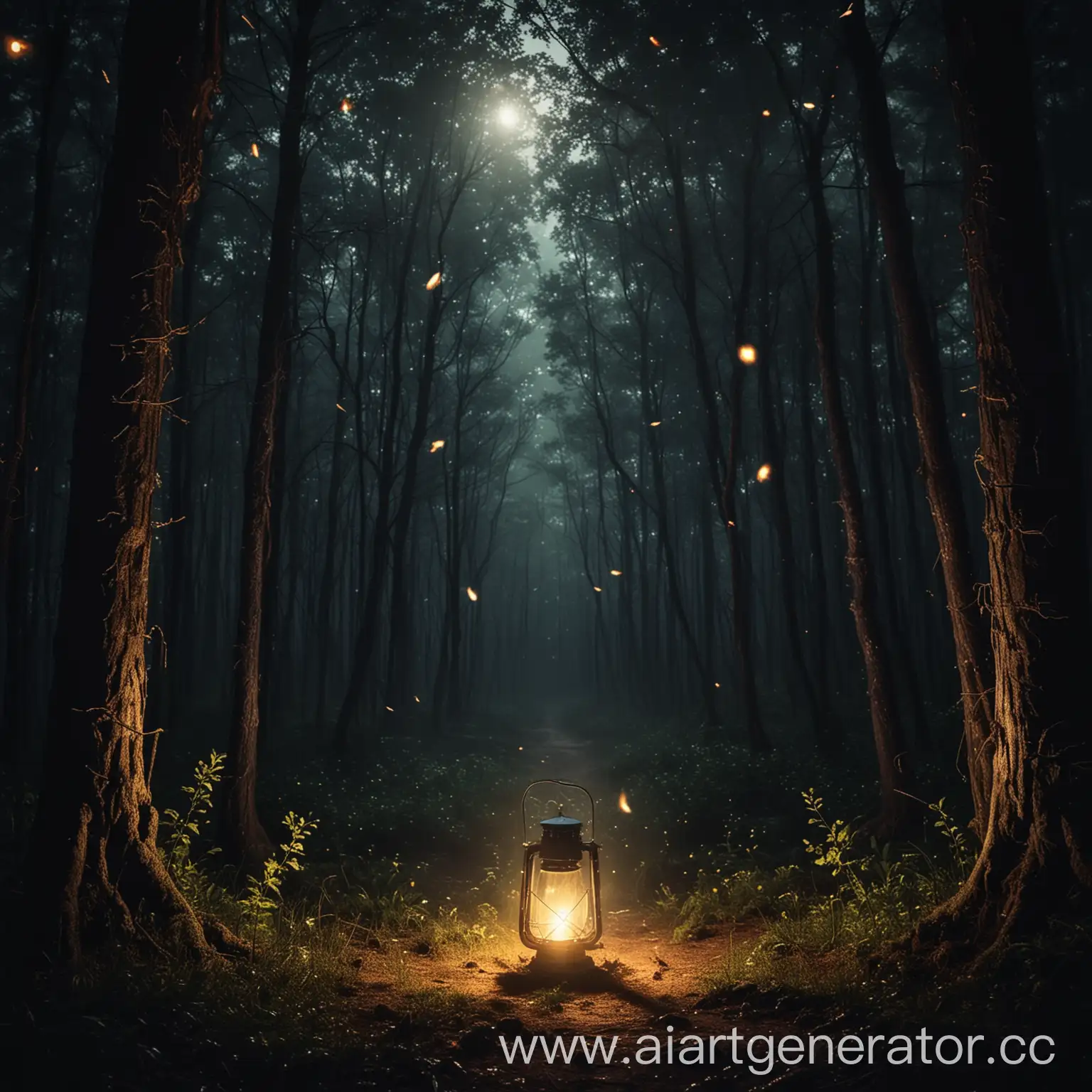 Изображение с тёмным лесом, в центре фонарь, яркий свет. Ночь, светлячки