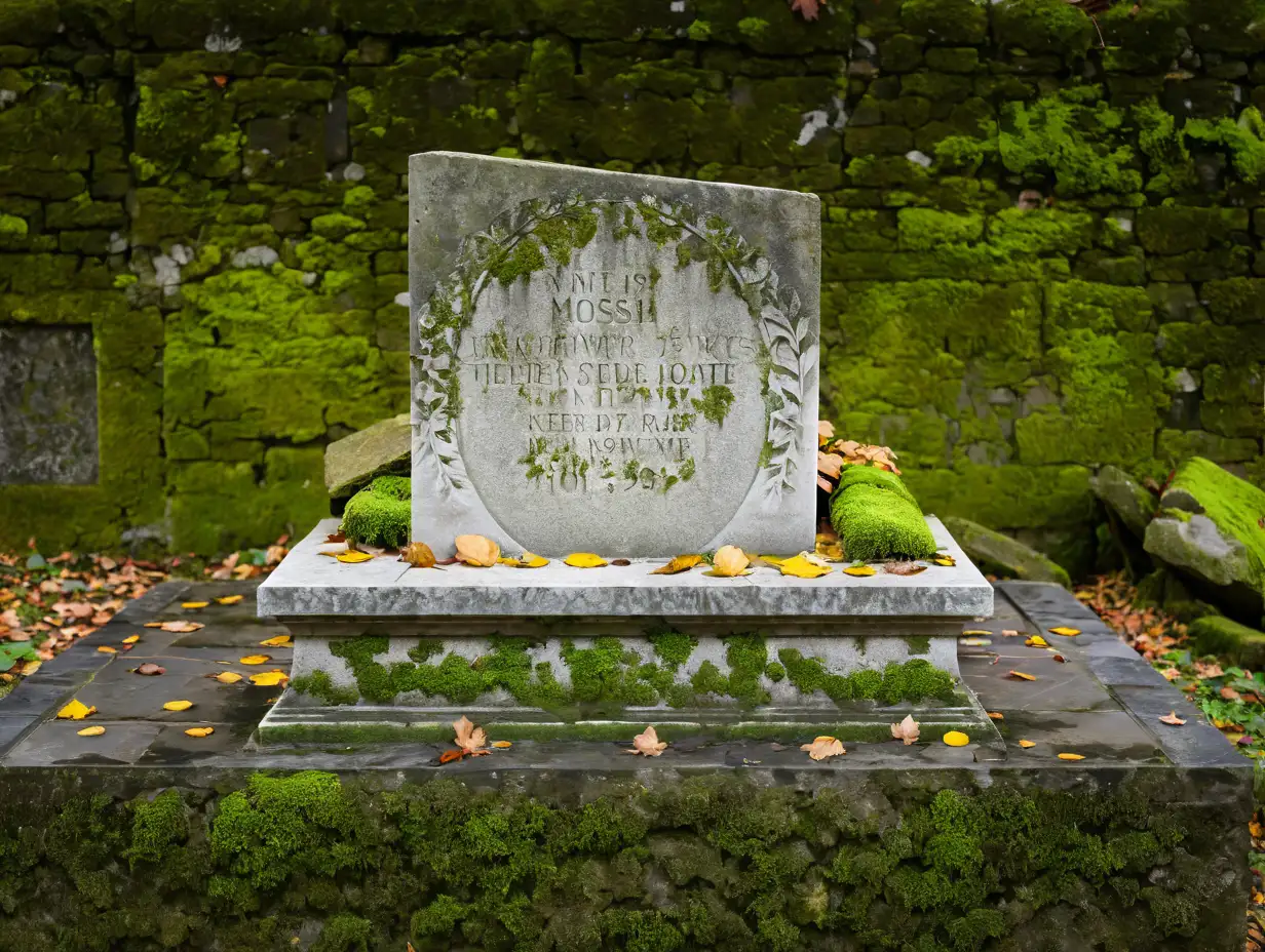 Gravestone without inscriptions covered with moss and dry leaves
