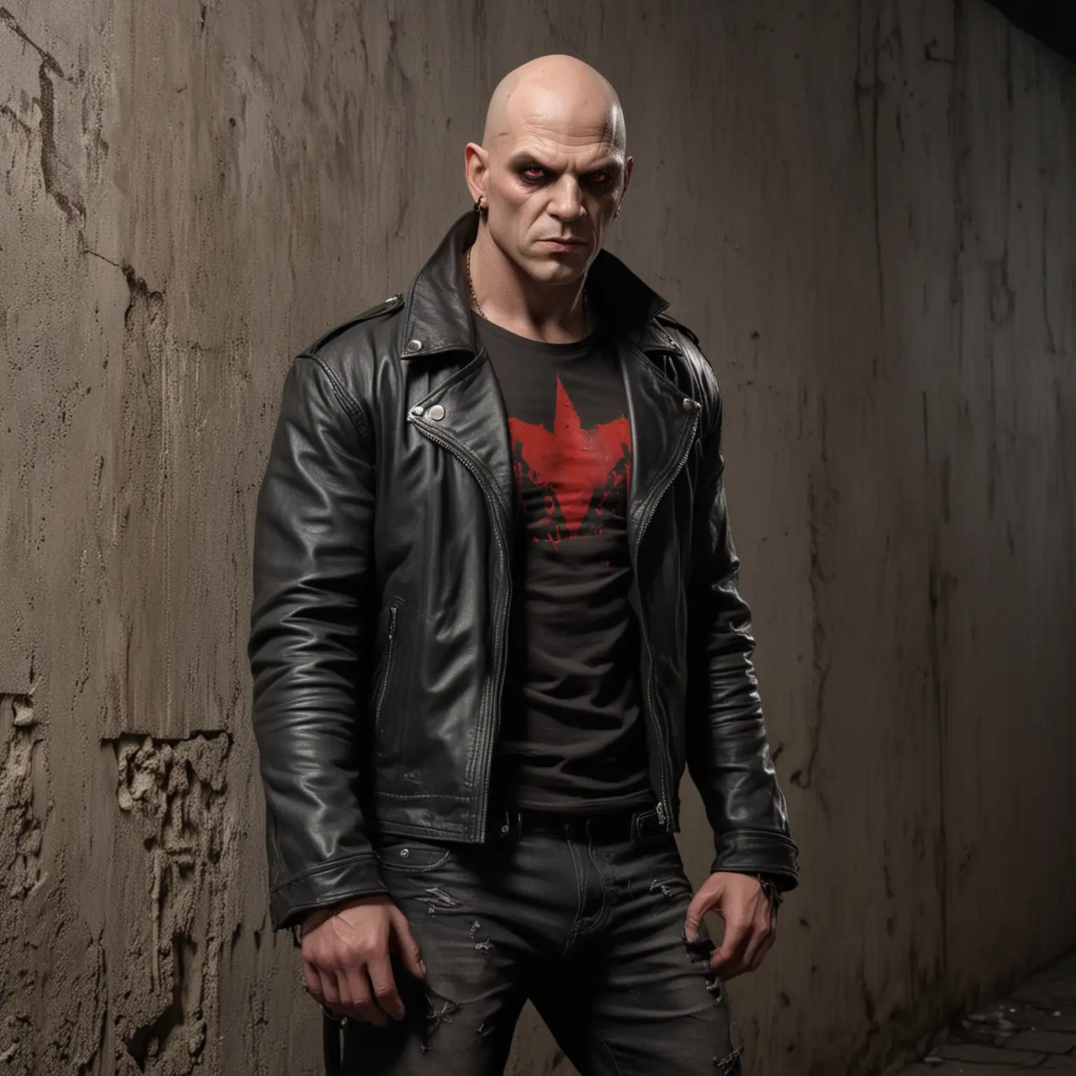 A bald male Gangrel vampire, 190 cm tall, rocker, red eyes, bodybuilder physique, middle aged, wearing a t-shirt and a loose worn-out leather jacket, leaning against a wall, outside in the night, realistic