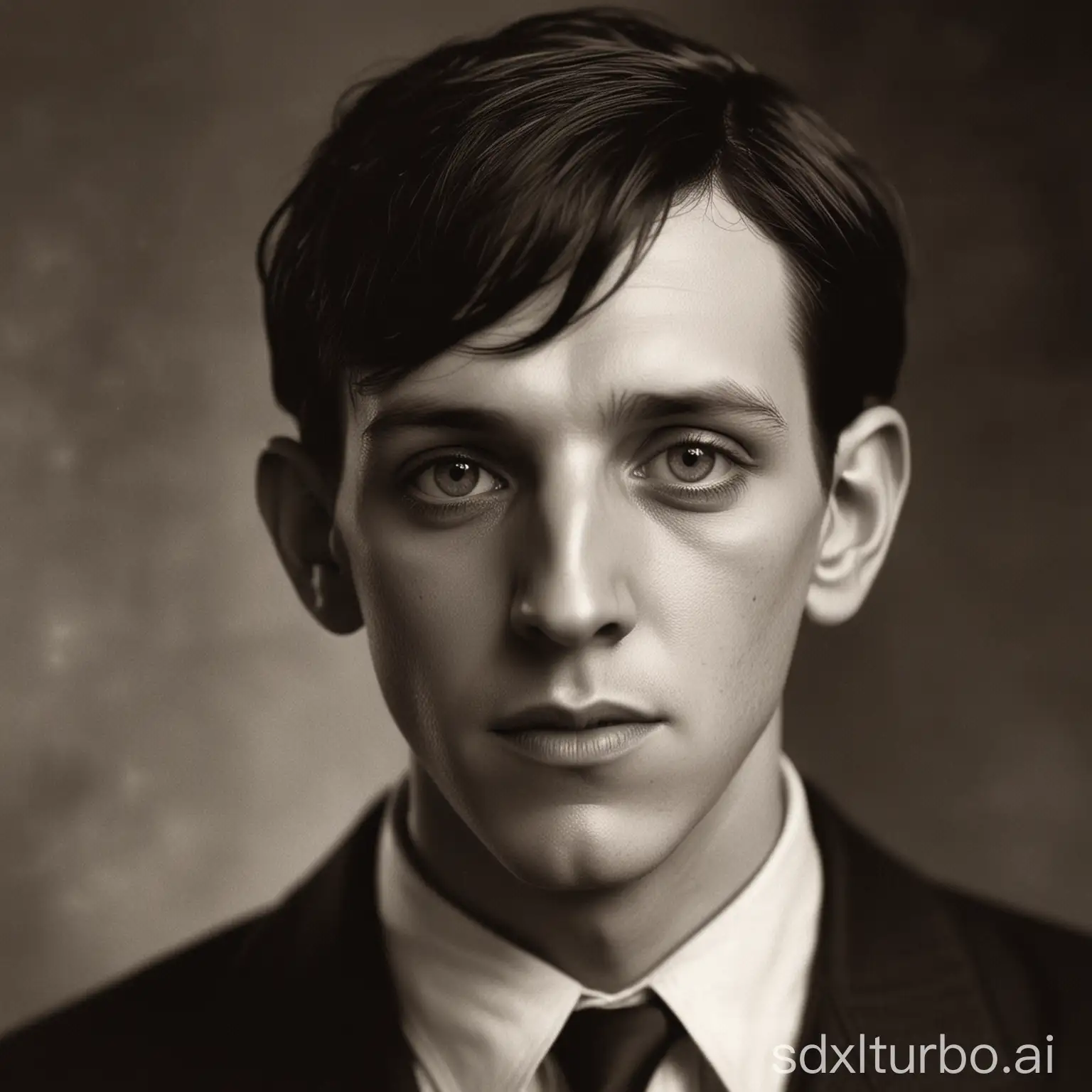 A young Howard Lovecraft with a pale, elongated face, a high forehead and piercing but melancholic eyes. He has thin lips, angular features and dark hair combed back. He is writing a book with his head slightly turned.