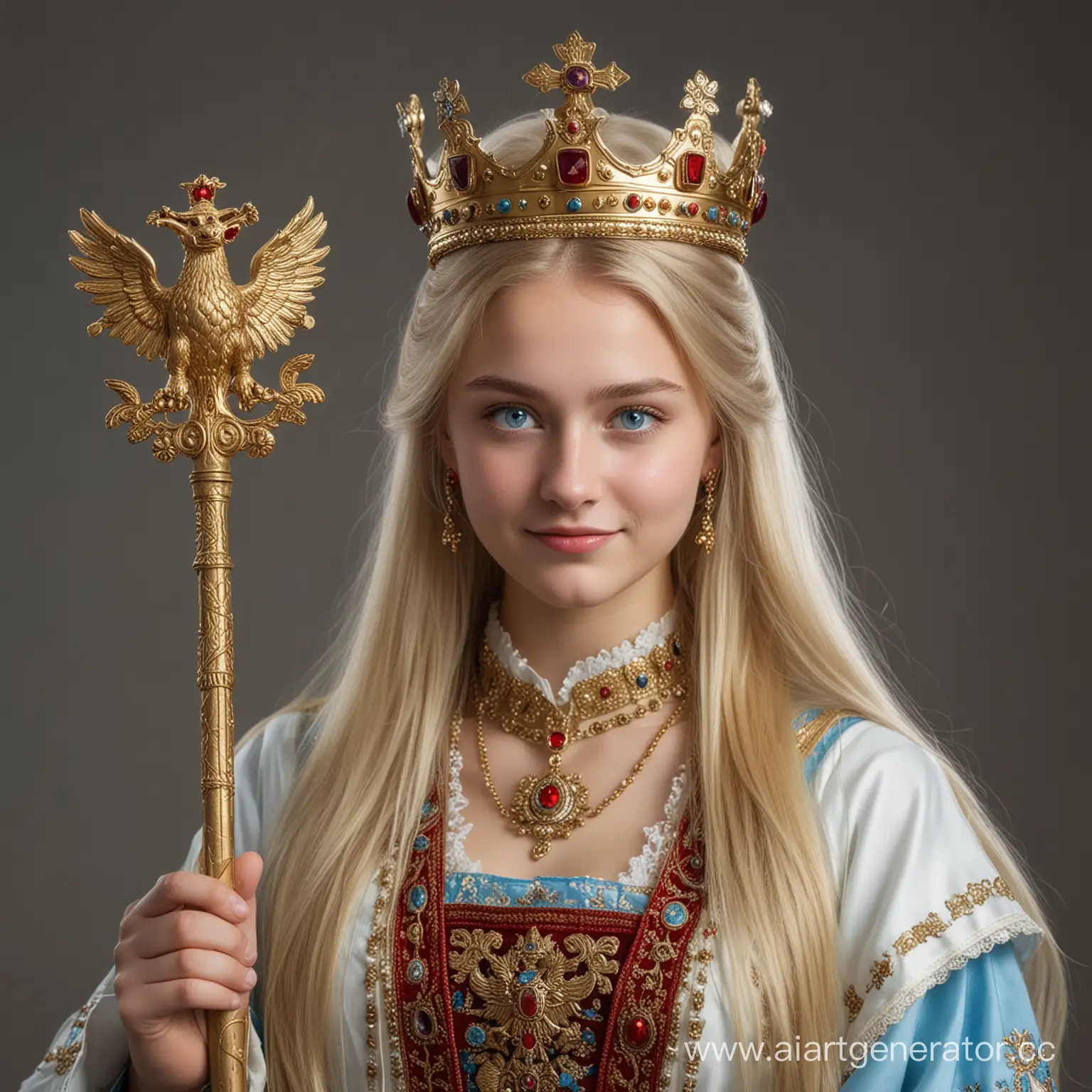 Young-Woman-in-Russian-National-Dress-with-Golden-Crown-and-Staff