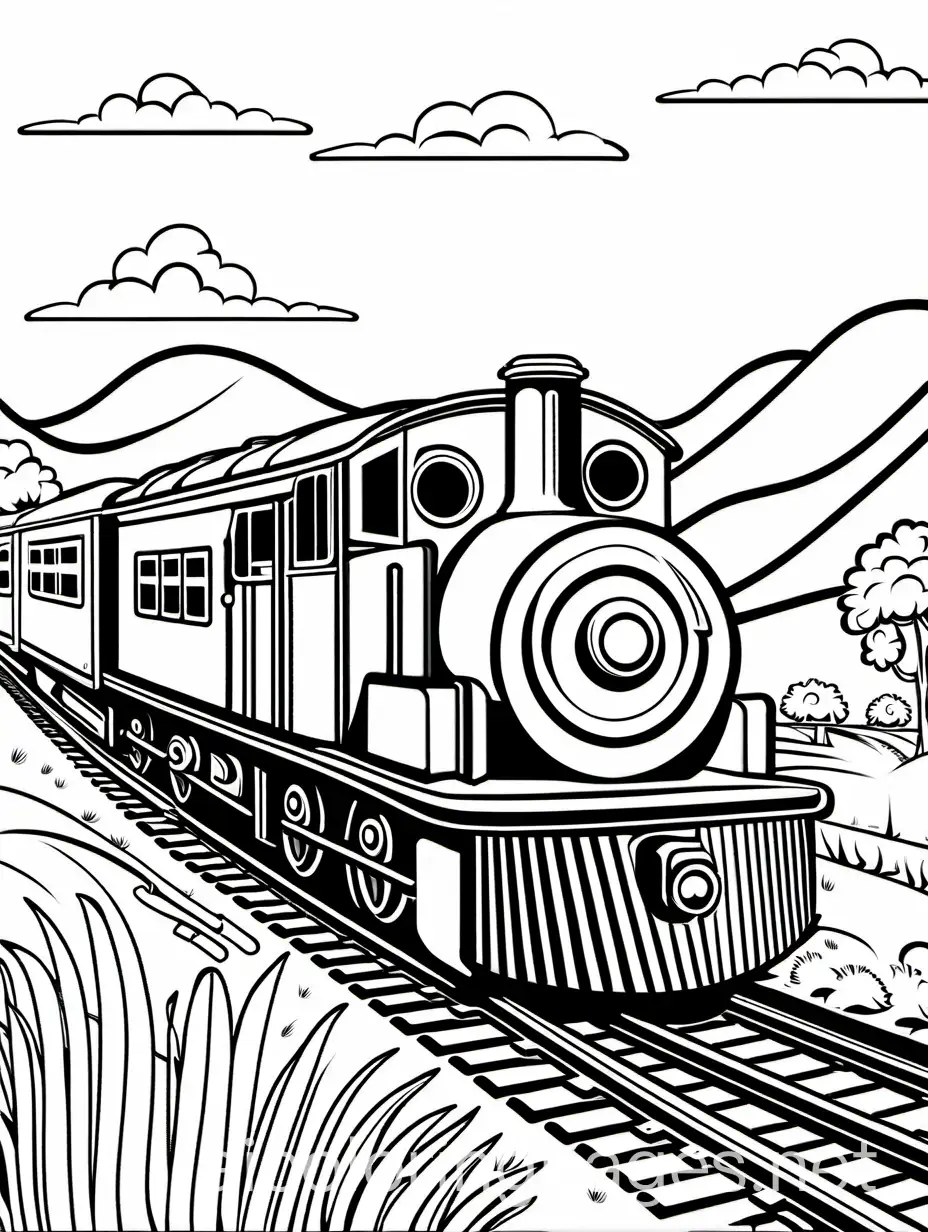 Troy the train, Coloring Page, black and white, line art, white background, Simplicity, Ample White Space. The background of the coloring page is plain white to make it easy for young children to color within the lines. The outlines of all the subjects are easy to distinguish, making it simple for kids to color without too much difficulty, Coloring Page, black and white, line art, white background, Simplicity, Ample White Space. The background of the coloring page is plain white to make it easy for young children to color within the lines. The outlines of all the subjects are easy to distinguish, making it simple for kids to color without too much difficulty