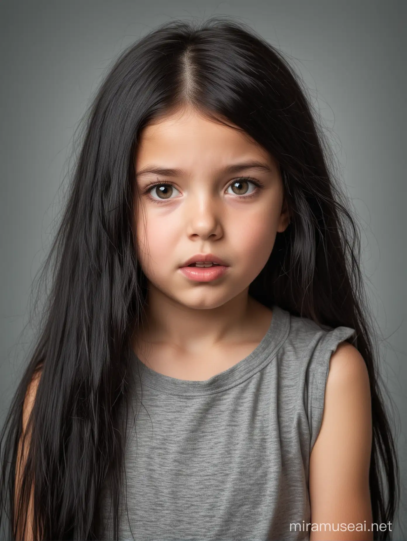 Surprised Little Girl with Long Black Hair